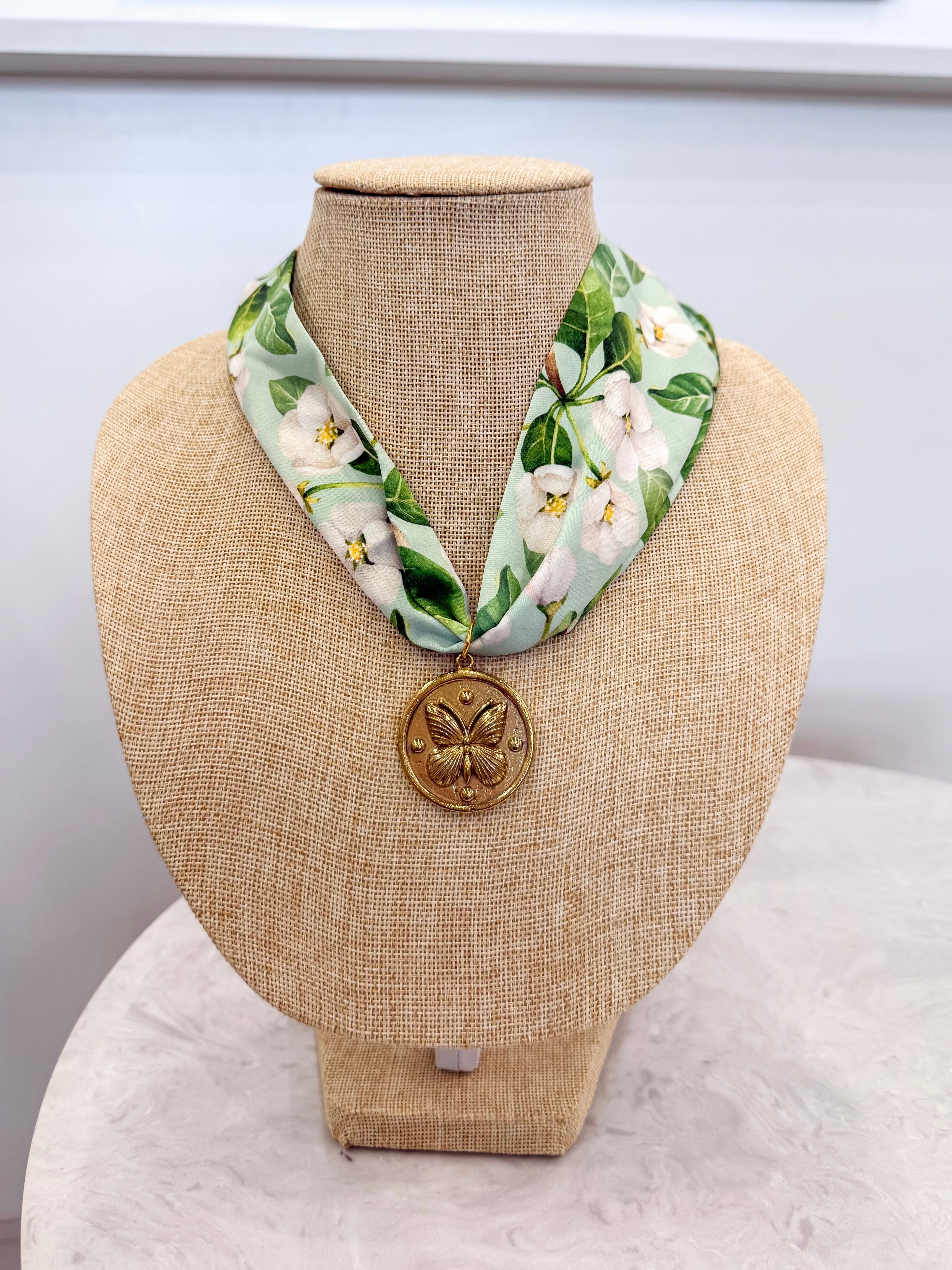 Green Magnolia Gold Butterfly Scarf Necklace