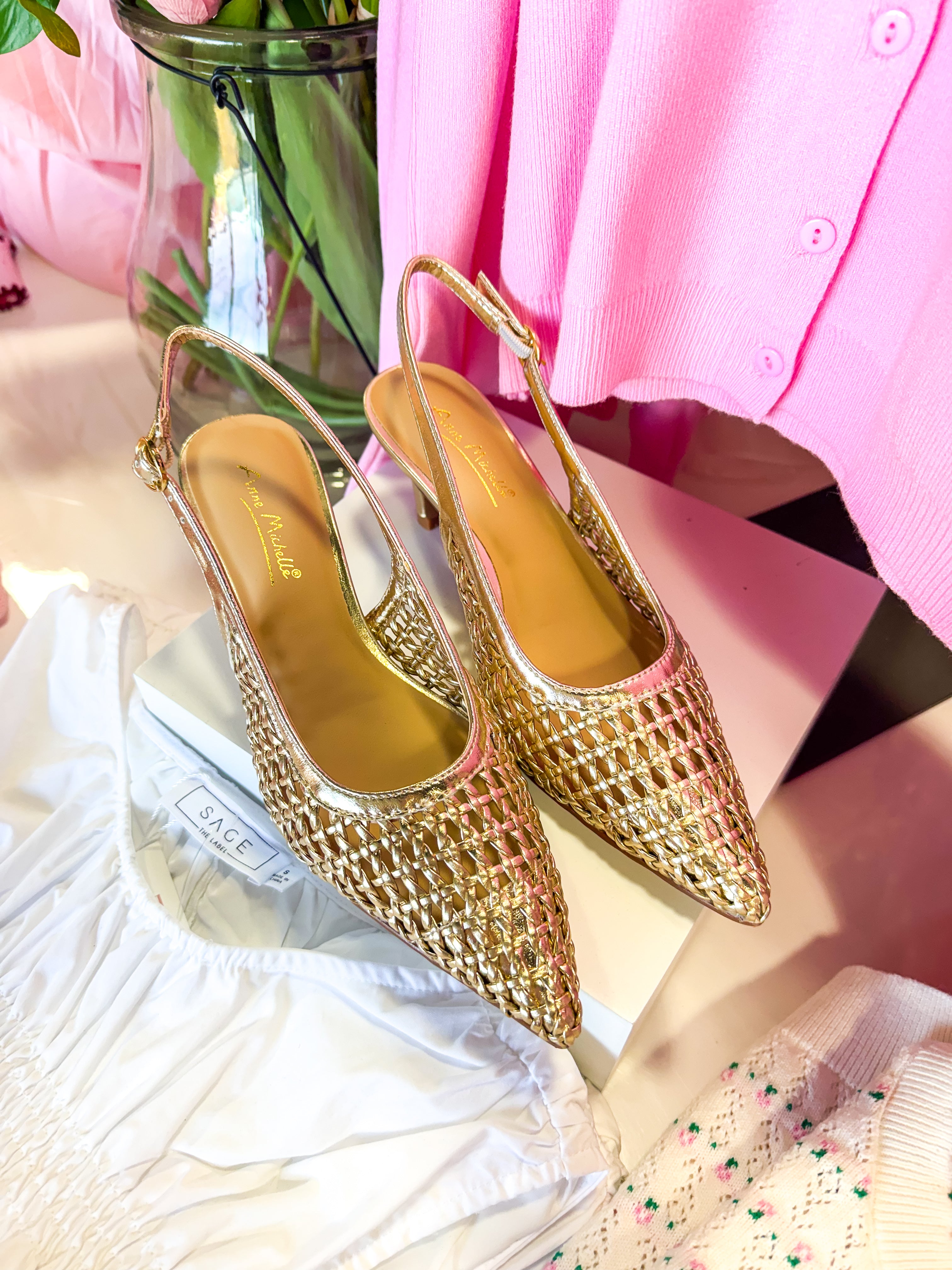 Katie Gold Woven Kitten Heels