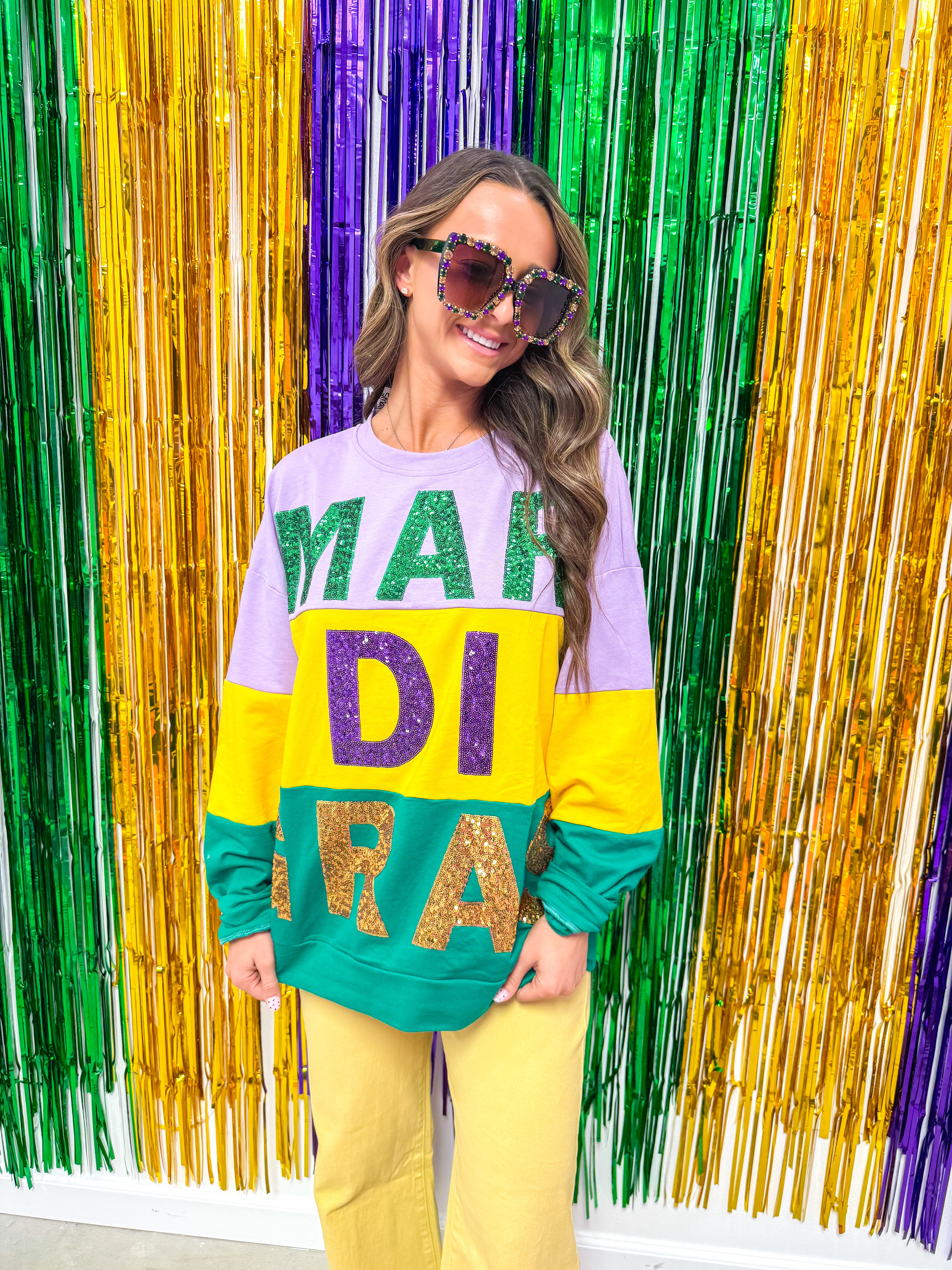 Sequin Mardi Gras Words Colorblock Sweater