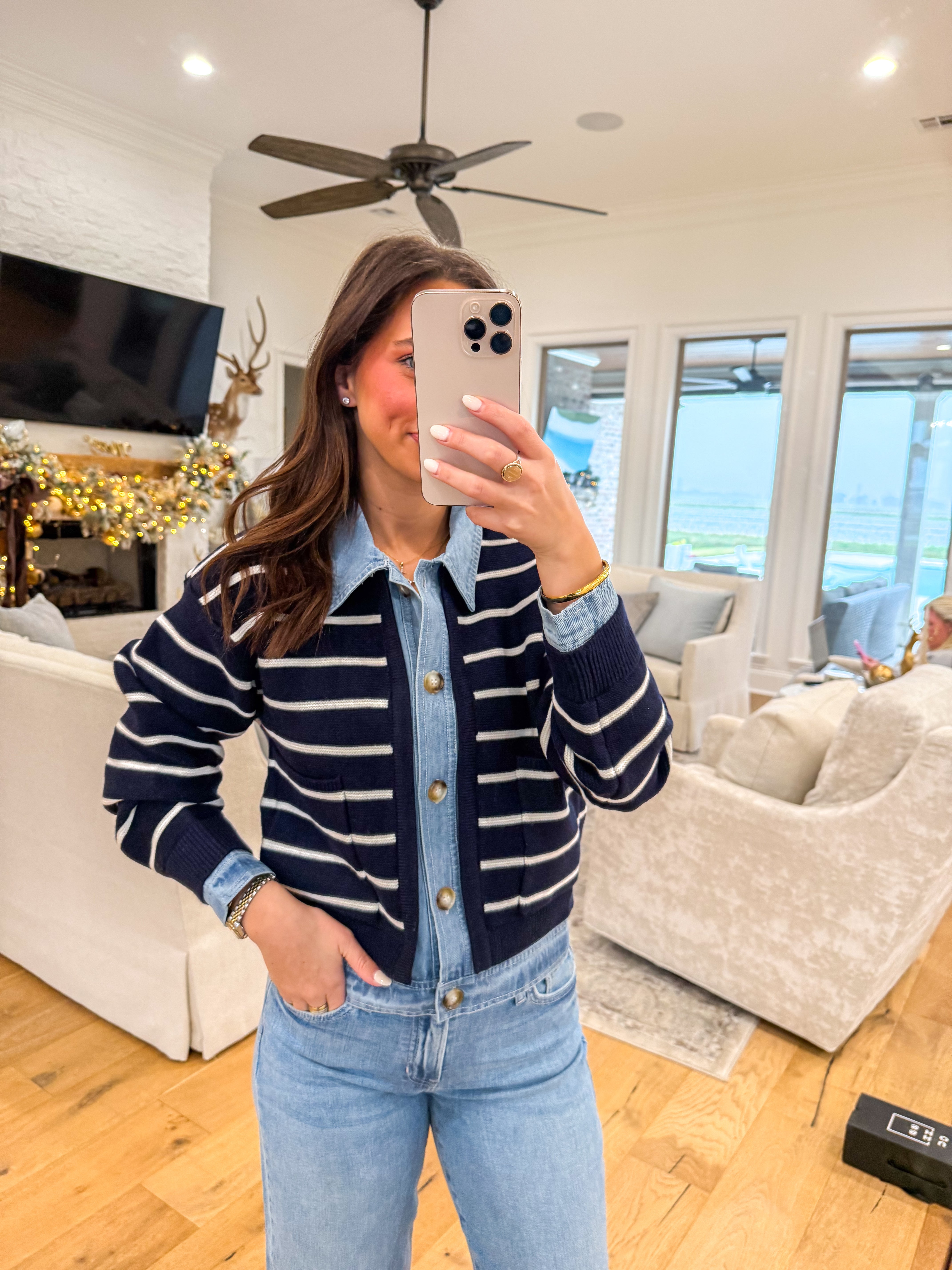 Navy Striped Knit & Denim Cardigan