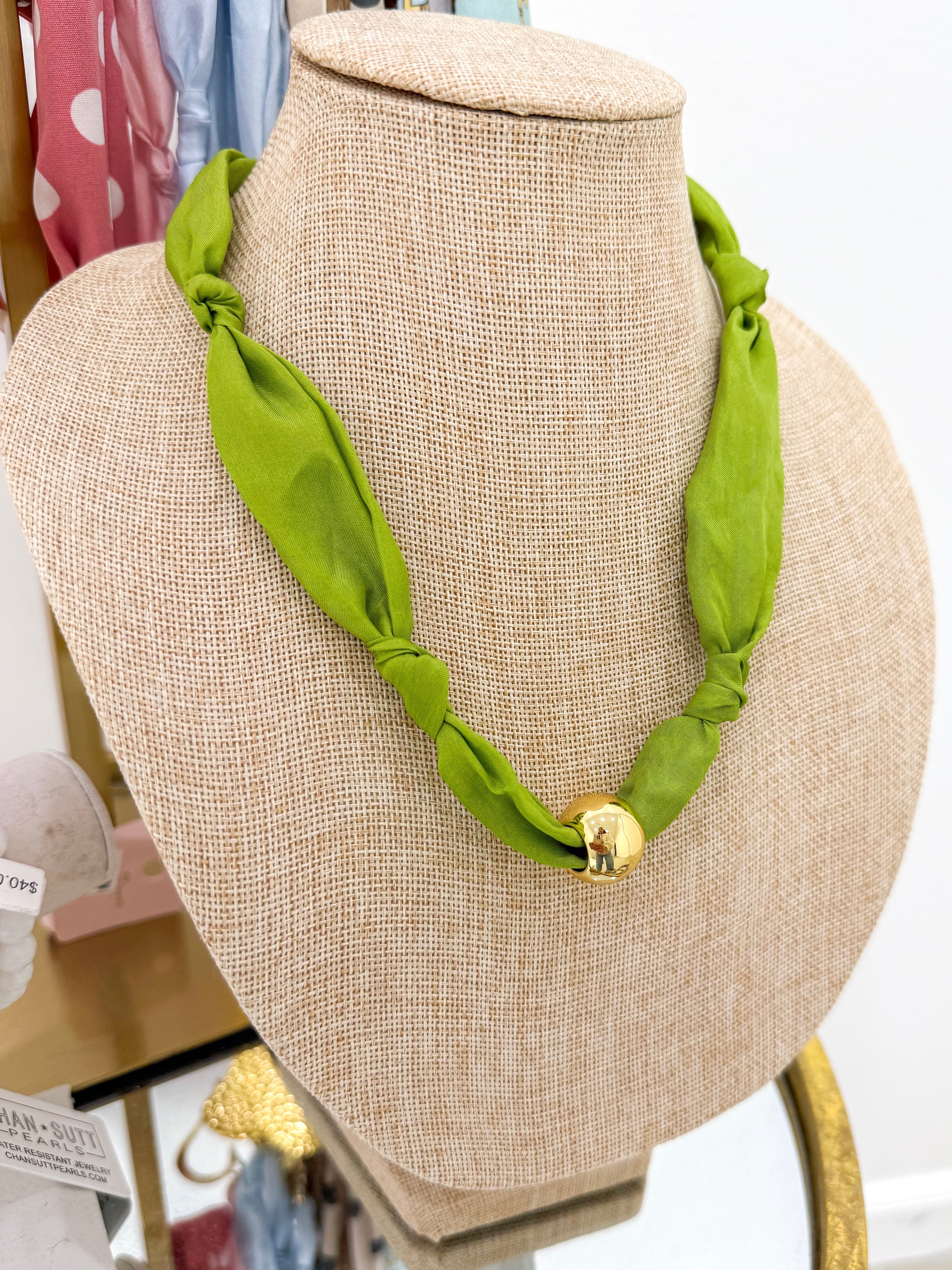 Chartreuse Gold Bead Knot Scarf Necklace