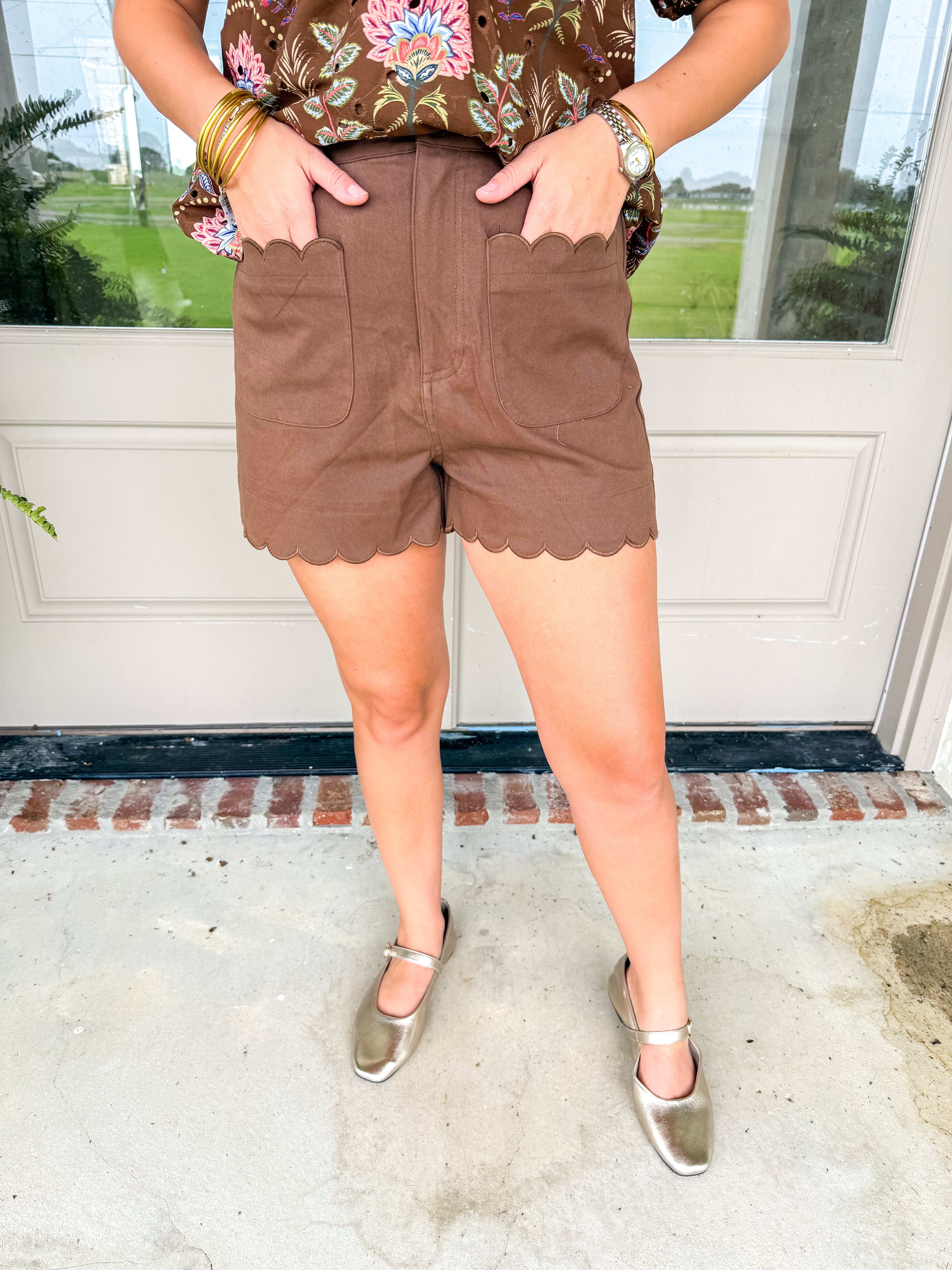 Brown Scallop Patch Pocket Shorts