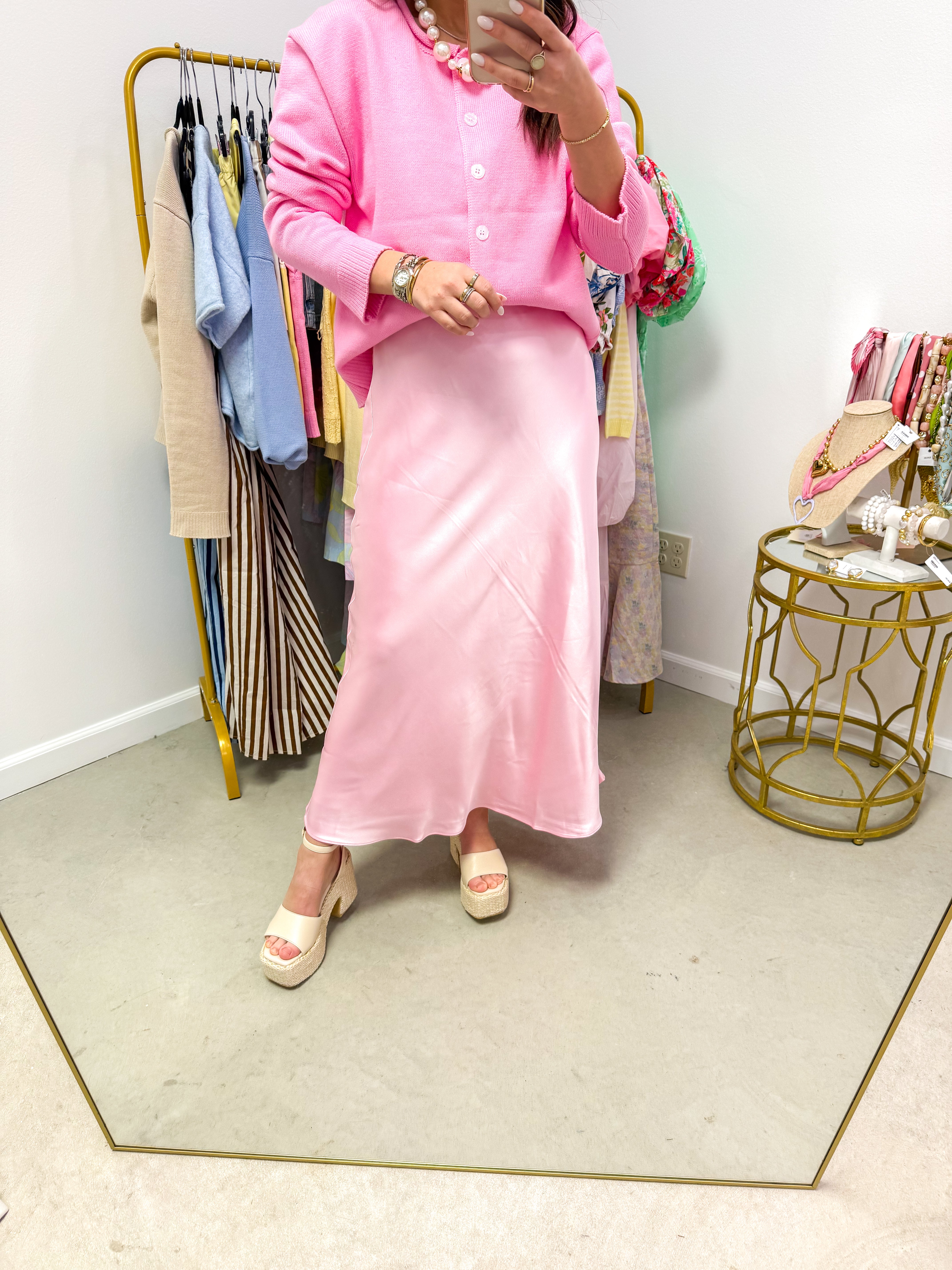 Soft Pink Satin Maxi Skirt