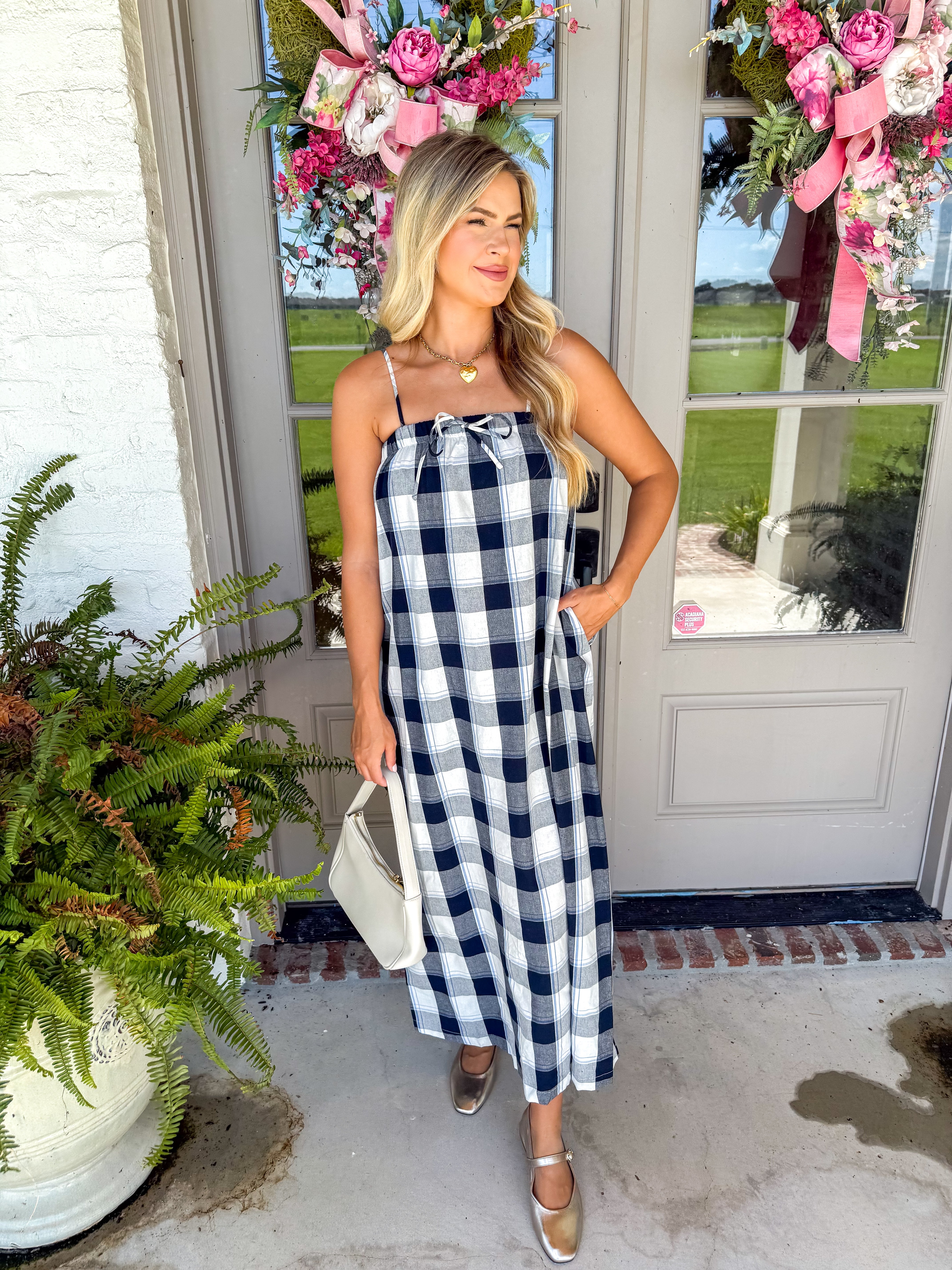 Navy Gingham Tie-Front Maxi Dress
