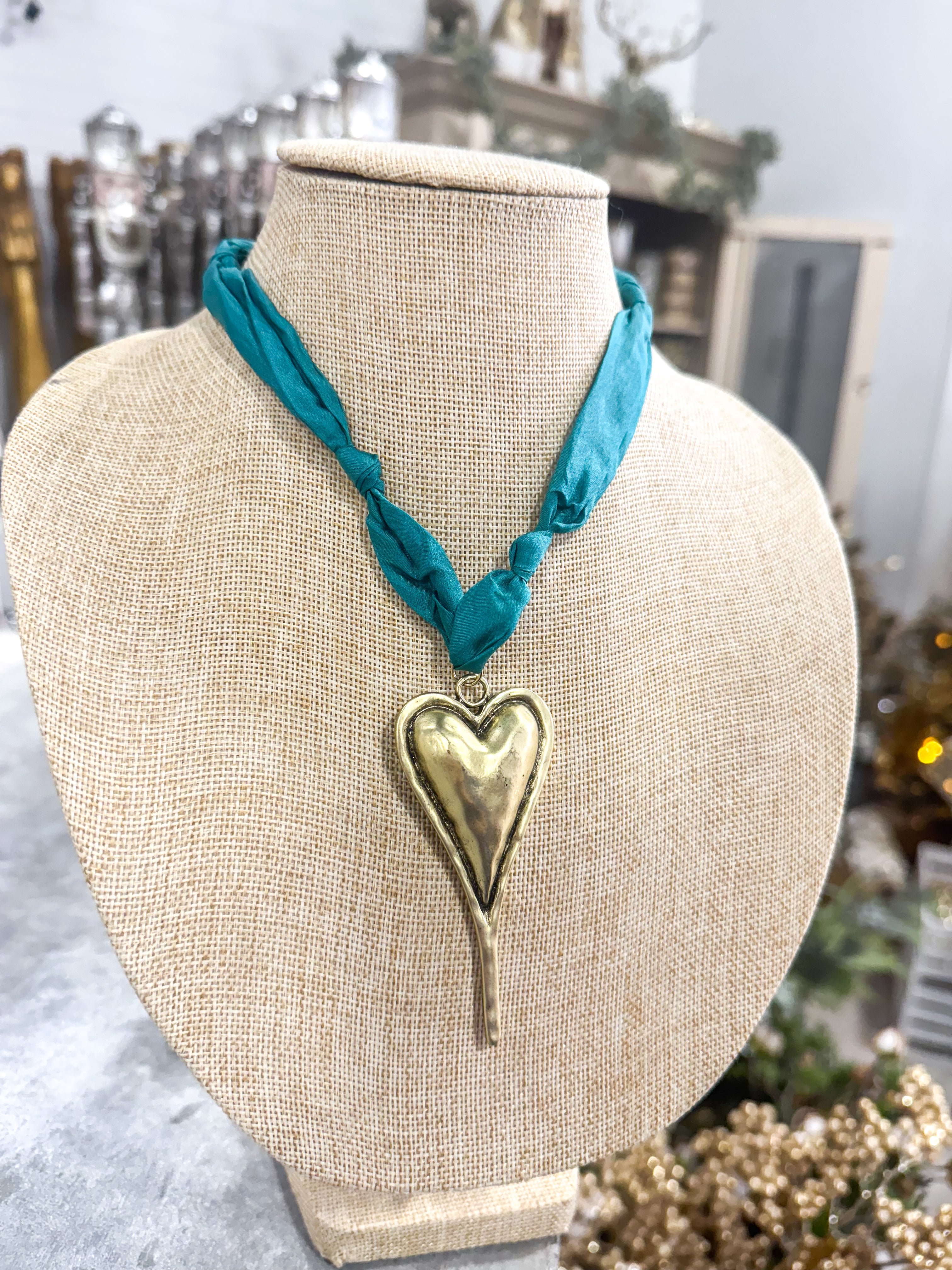 Turquoise Drop Heart Scarf Necklace