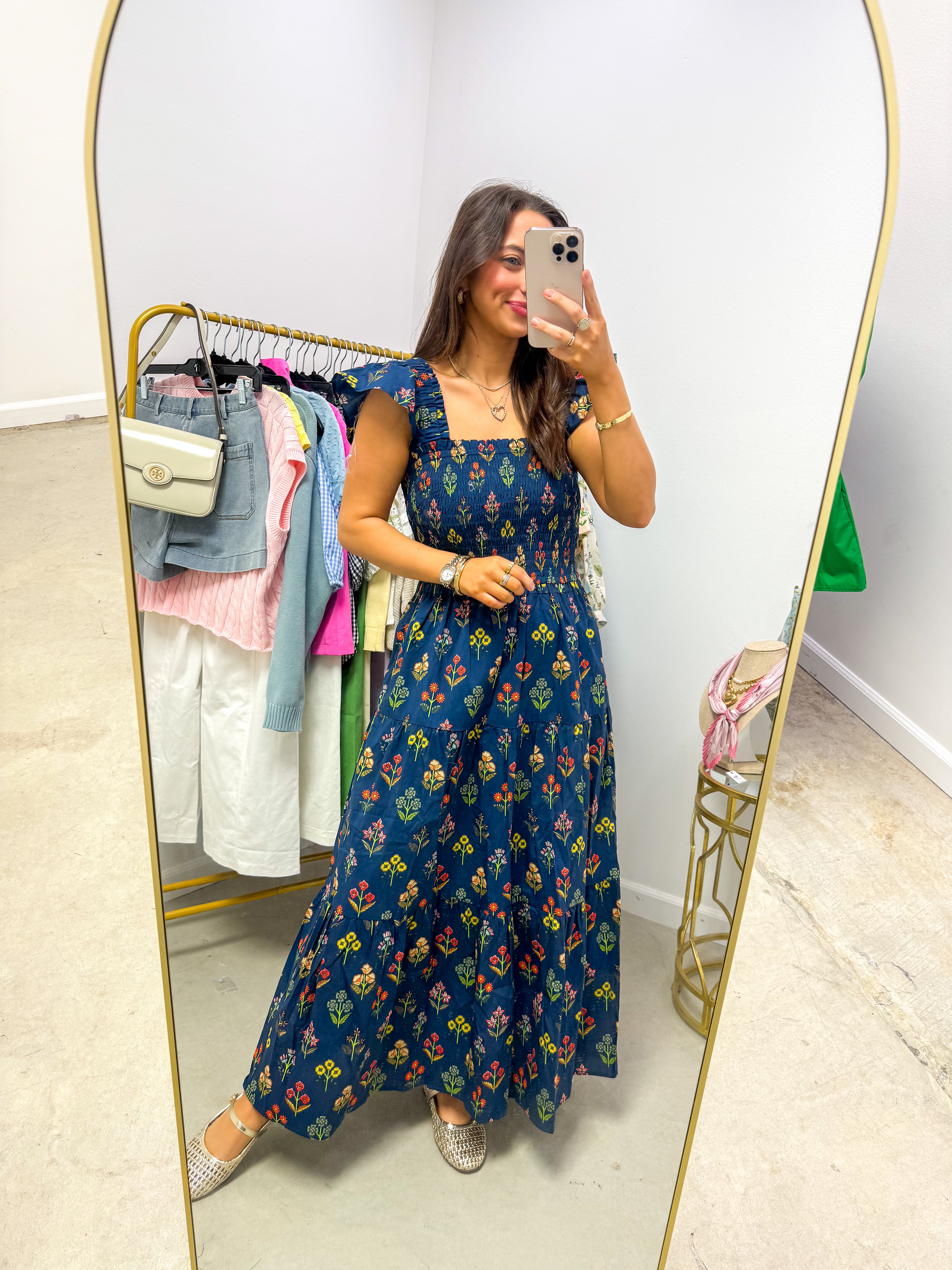 Fresh Picked Navy Smocked Floral Midi