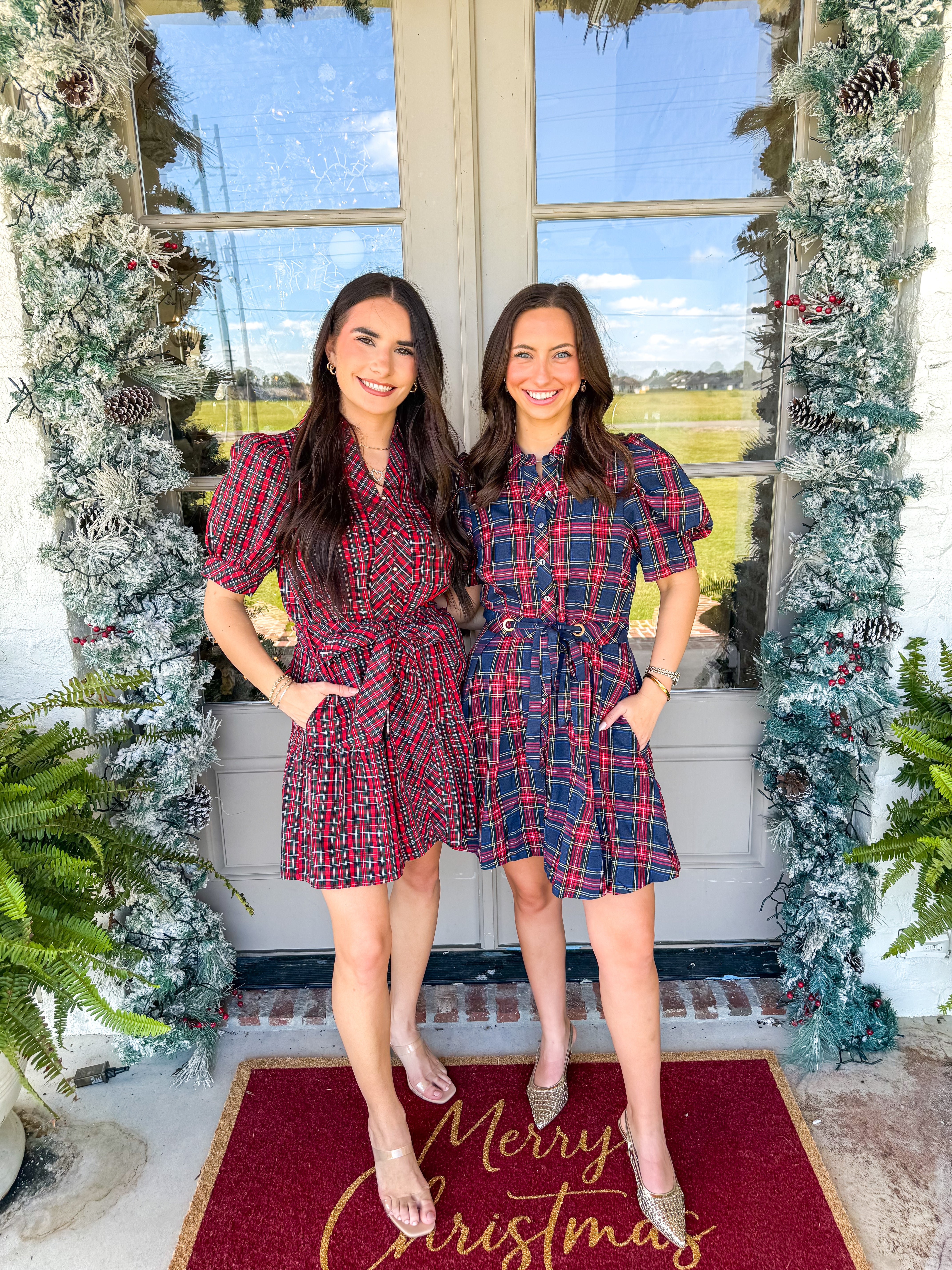 Tartan Charm Puff-Sleeve Mini Dress Navy