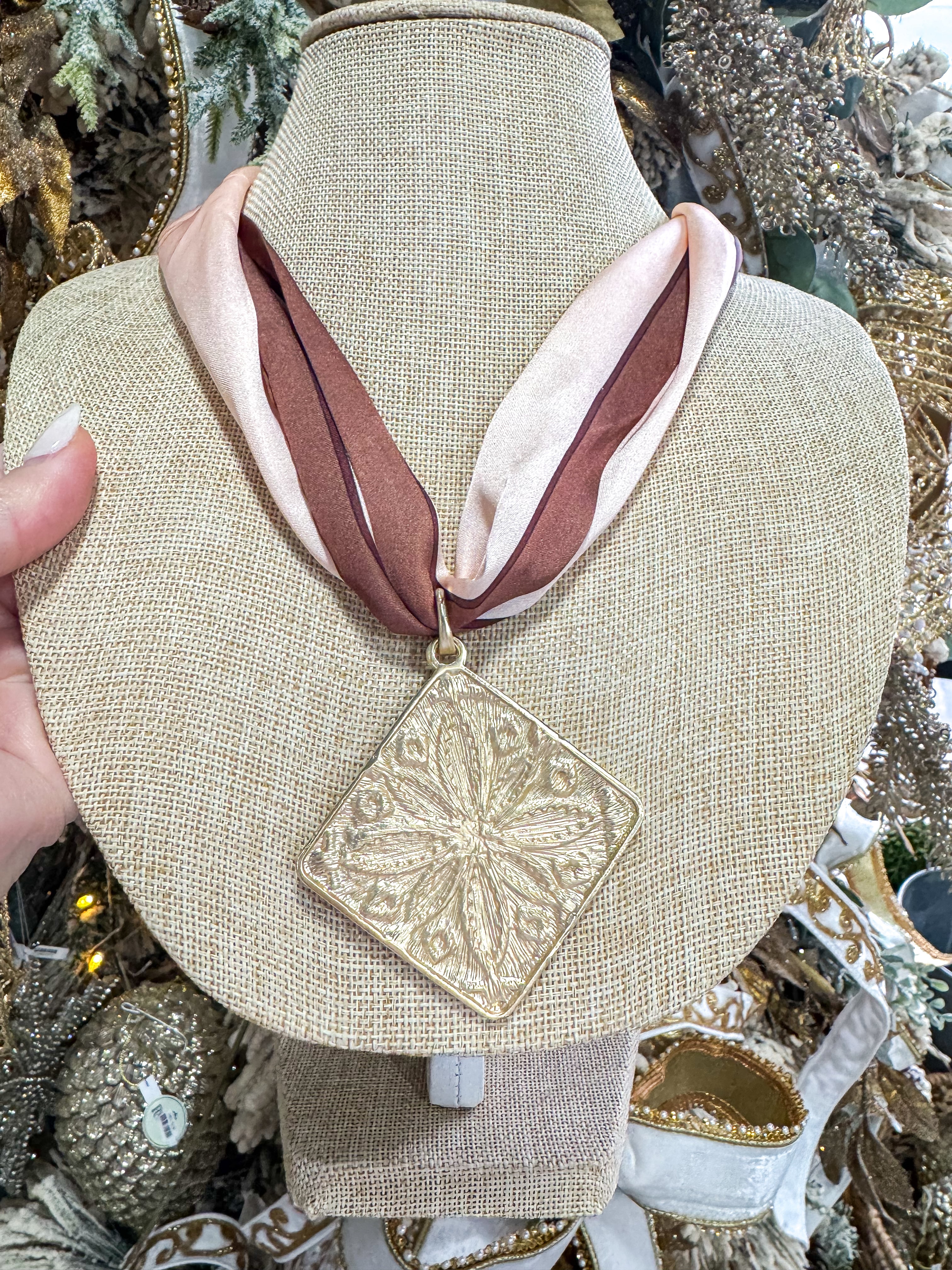 Pink & Brown Large Scarf Necklace Gold Flower Pendant