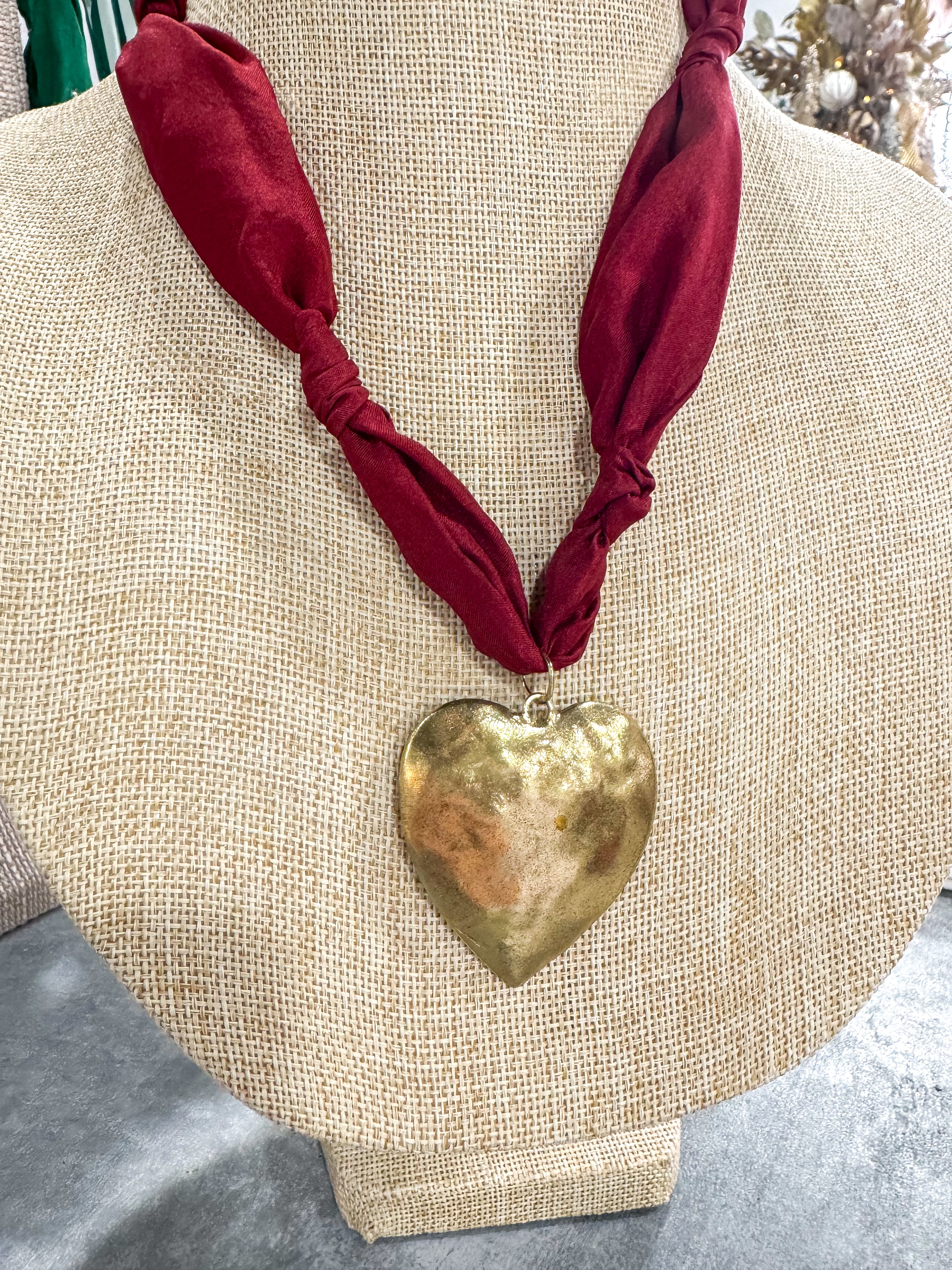Maroon Gold Heart Scarf Necklace