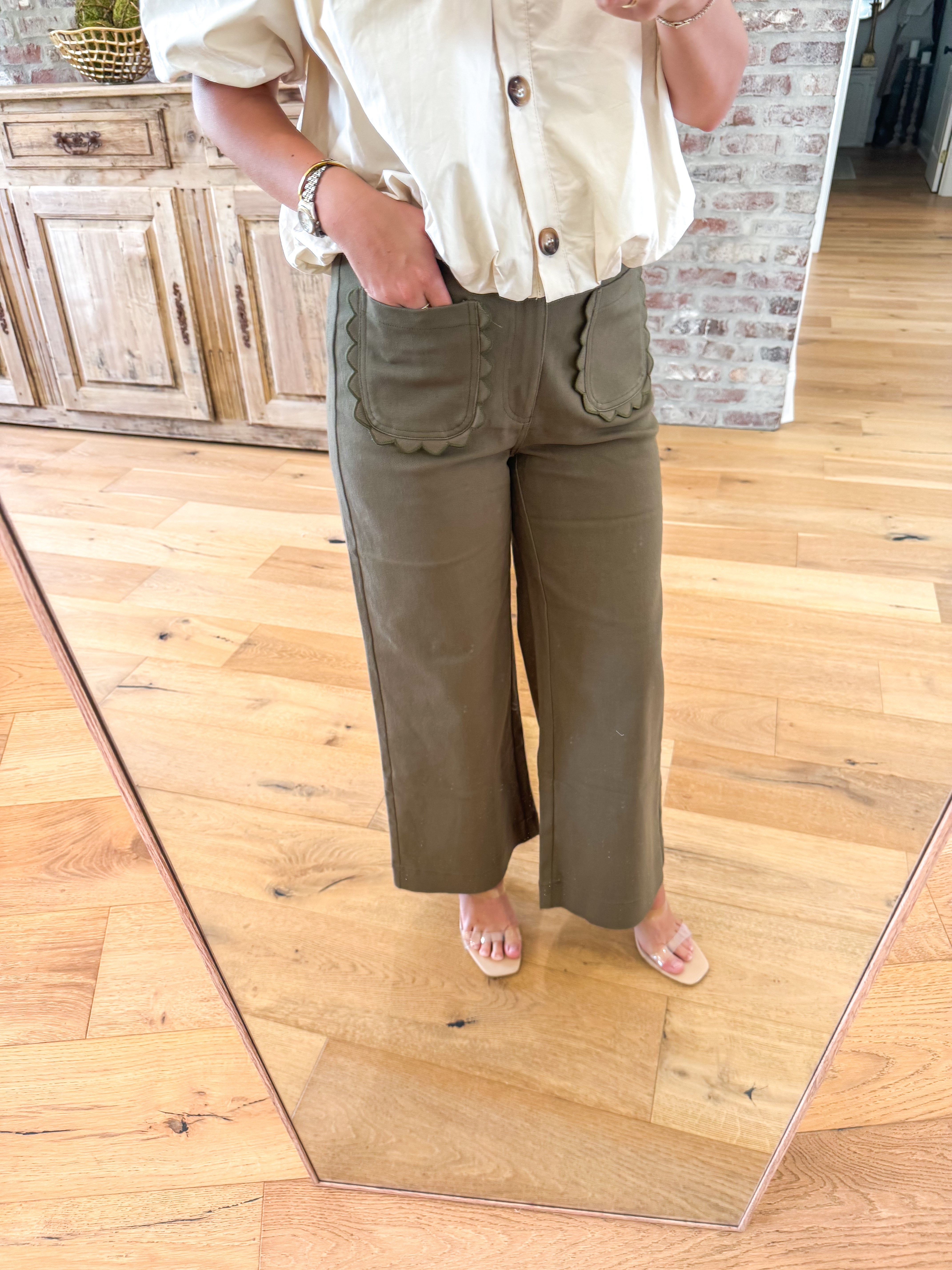 Scalloped Wide Leg Trousers Olive