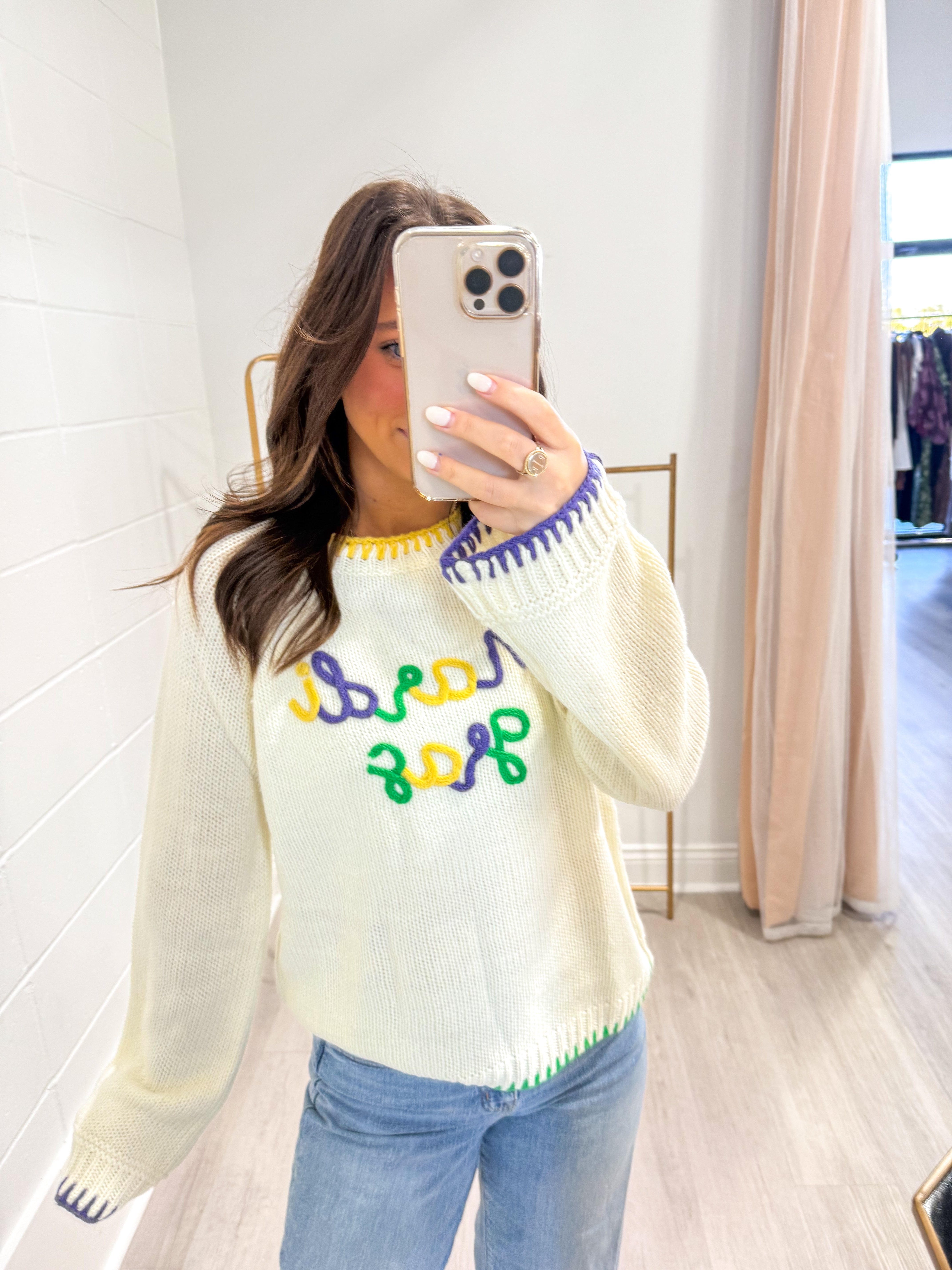 Mardi Gras Script Knit Sweater