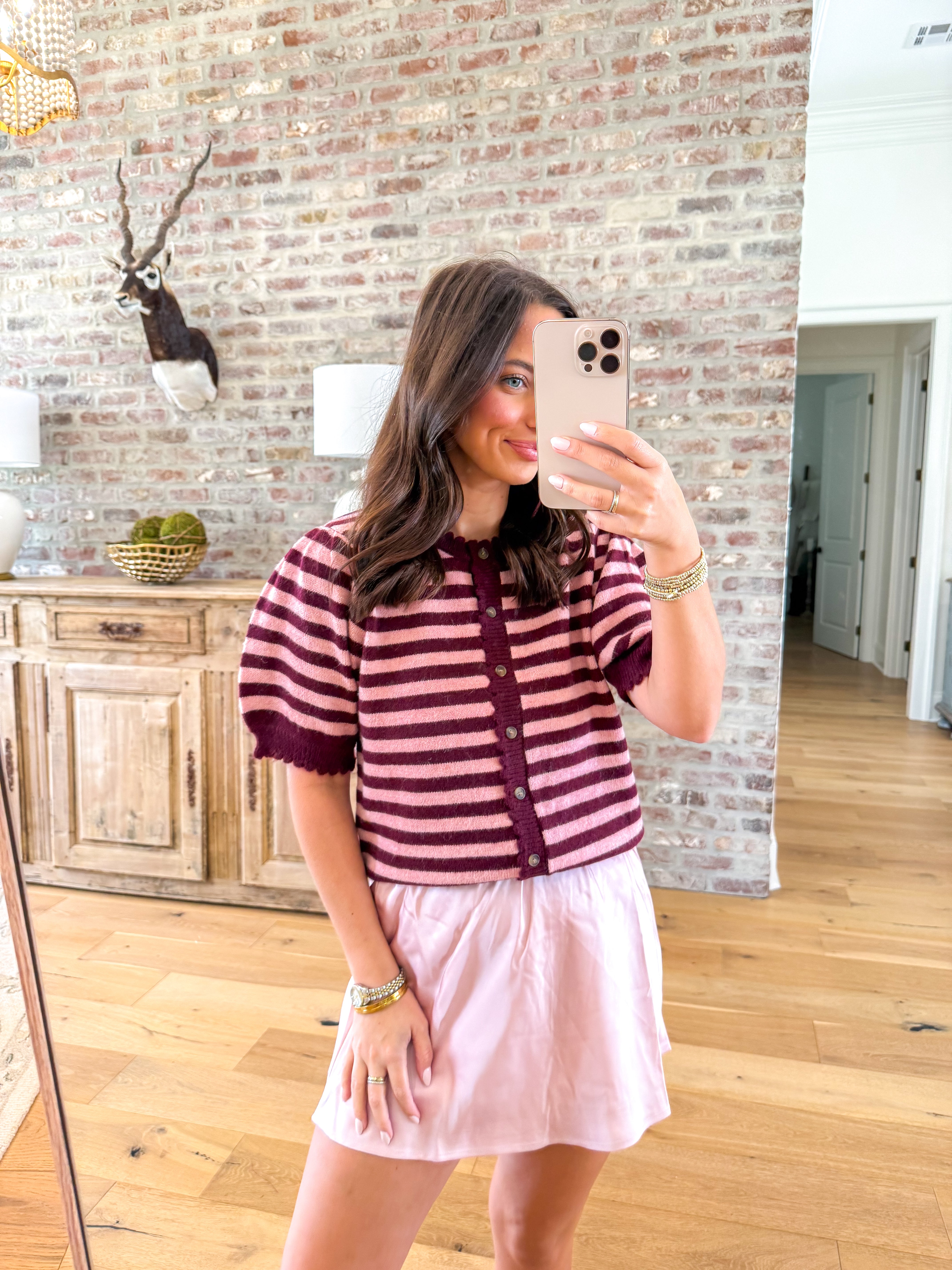Scalloped Stripe Cardigan Burgundy/Pink