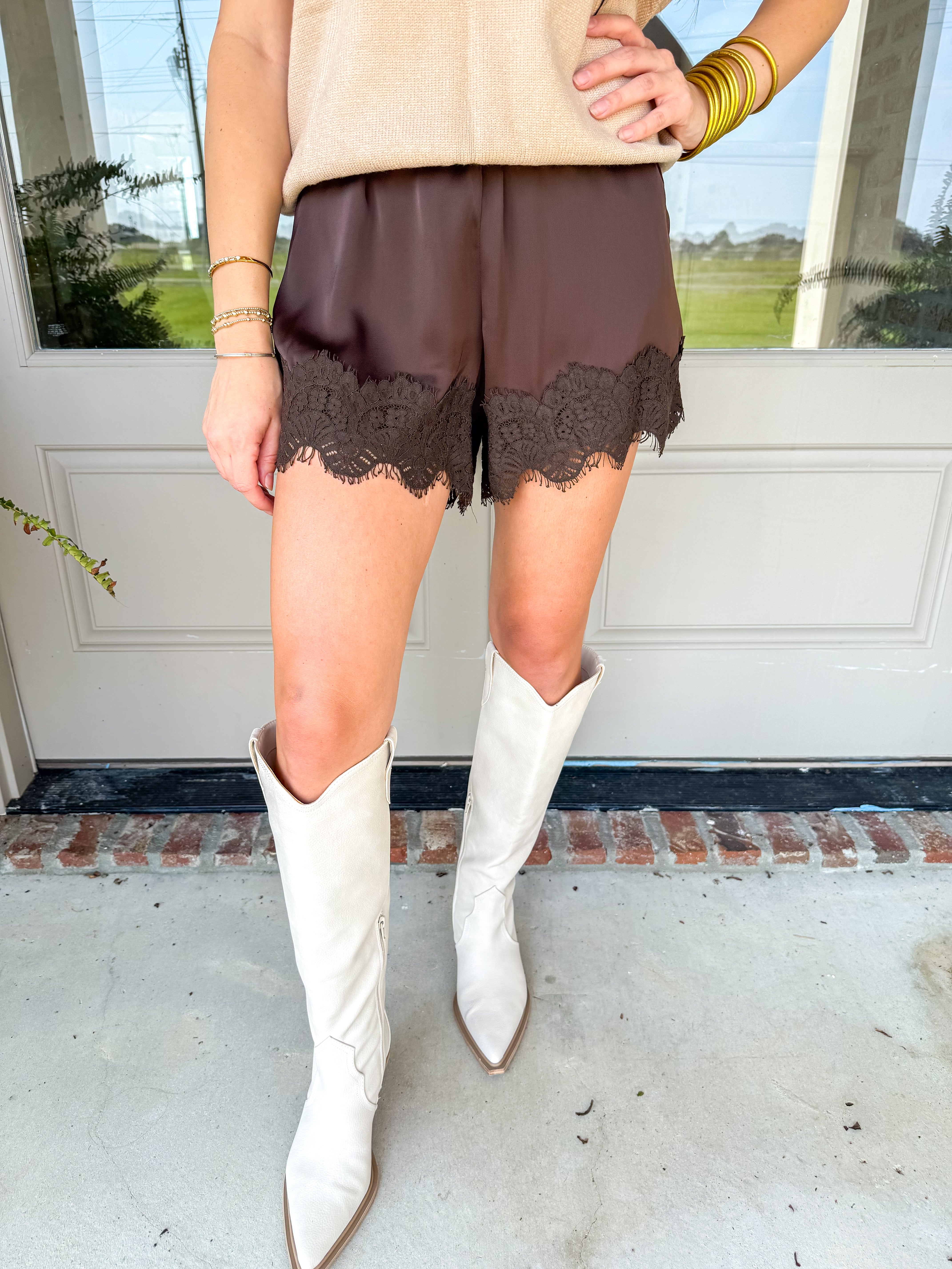 Chocolate Satin Lace-Trim Shorts