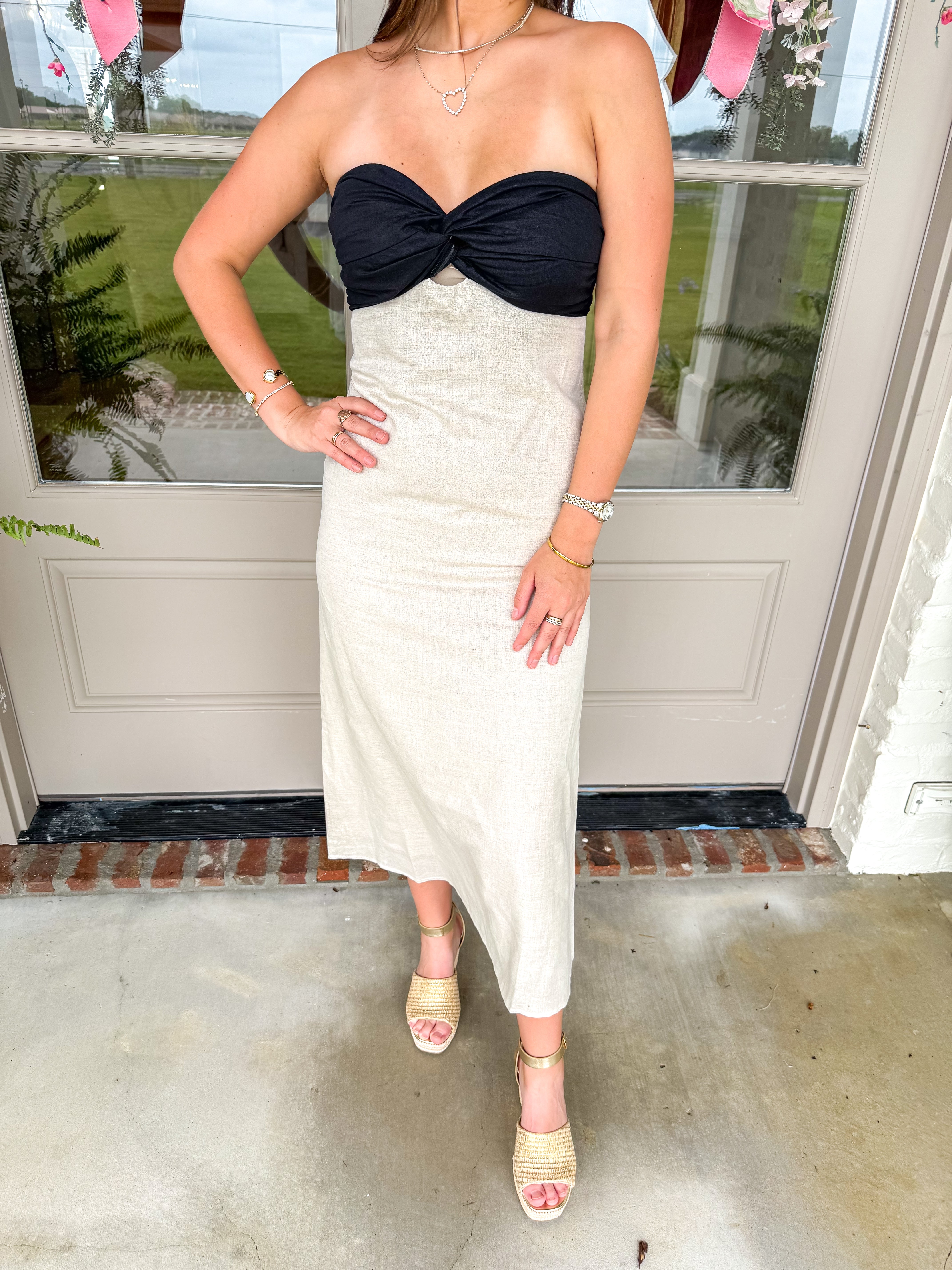 Emery Linen Colorblock Front Twist Midi