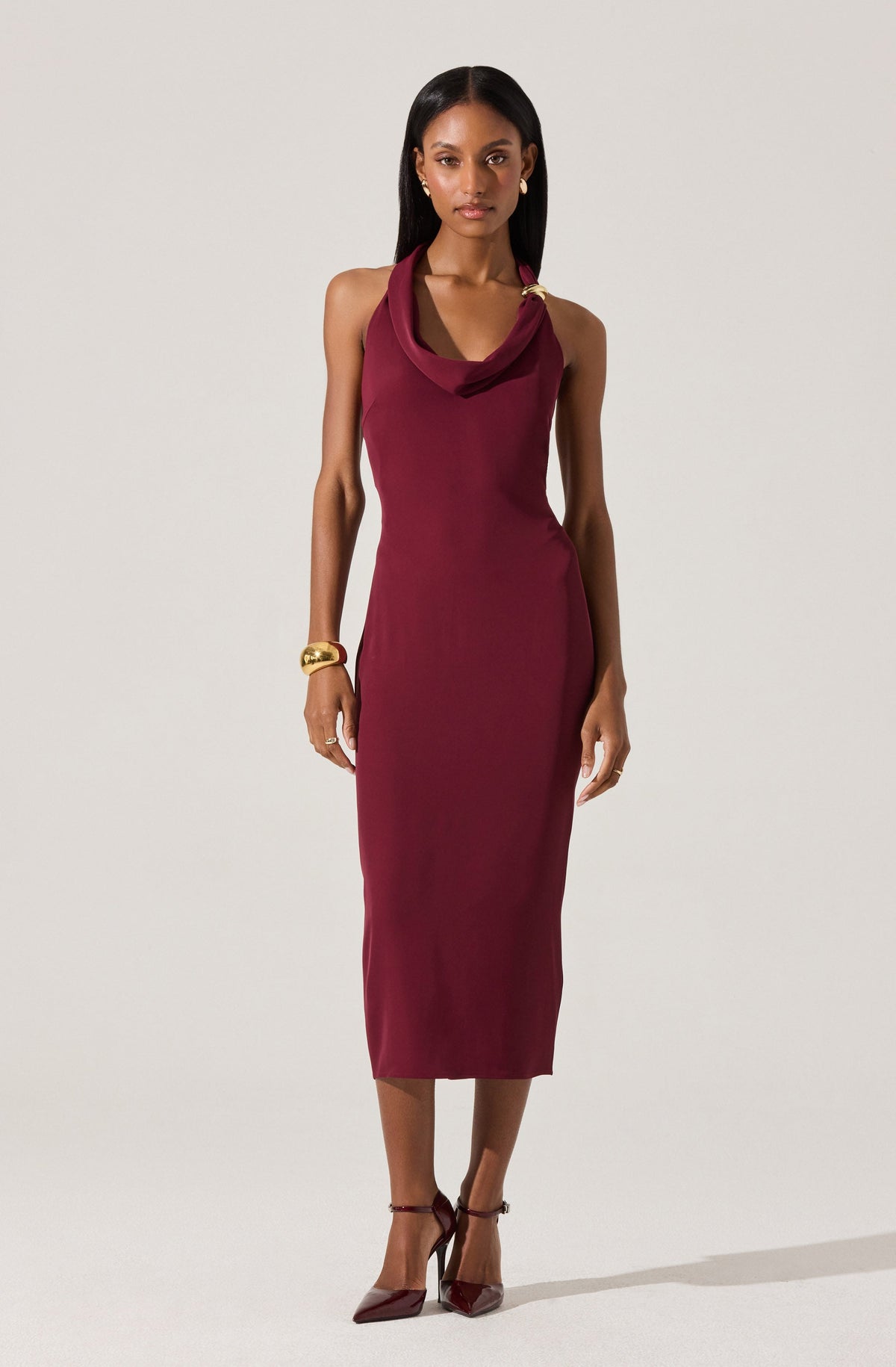 Alanna Halter Cowl Neck Dress Wine