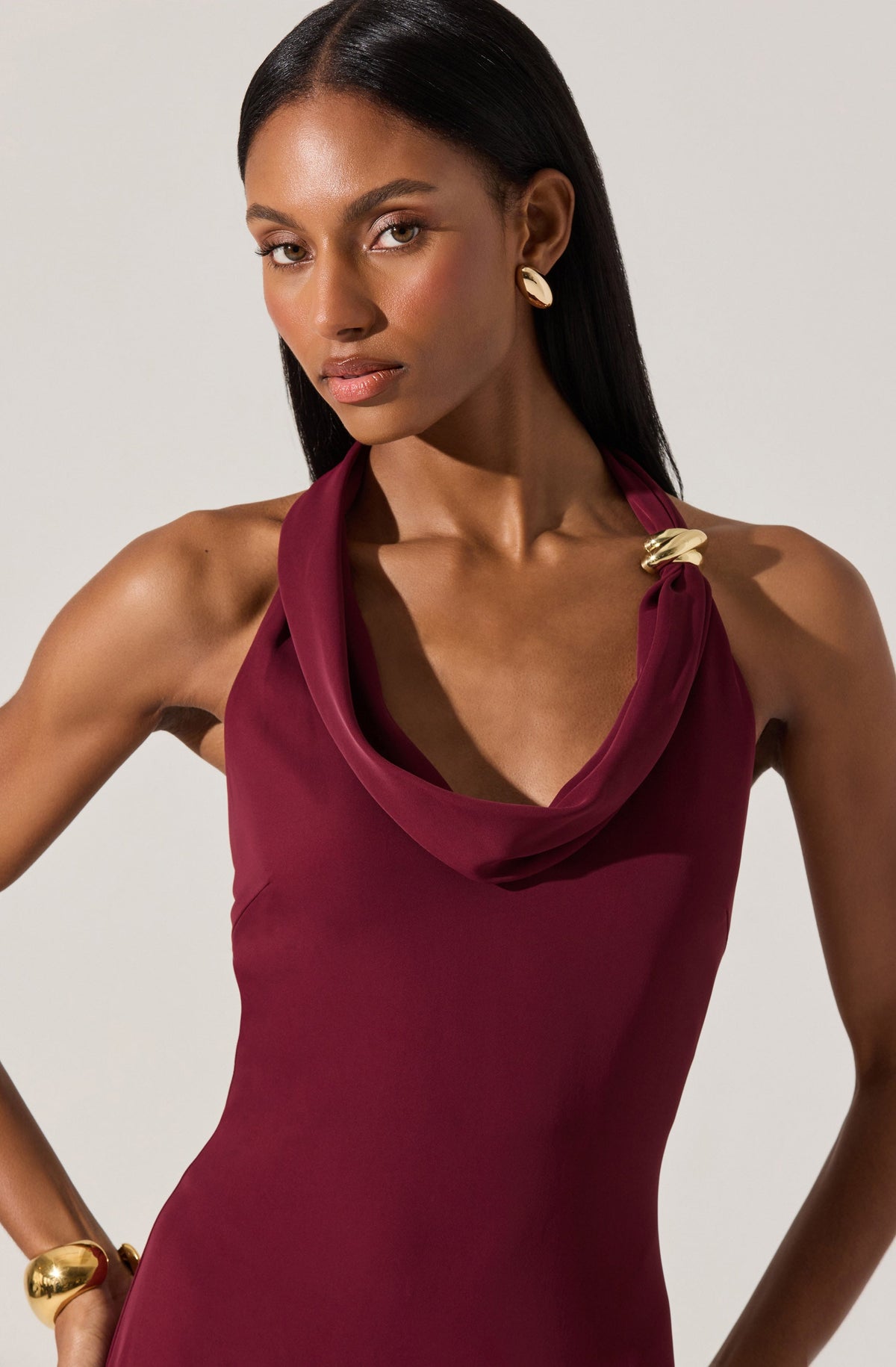 Alanna Halter Cowl Neck Dress Wine