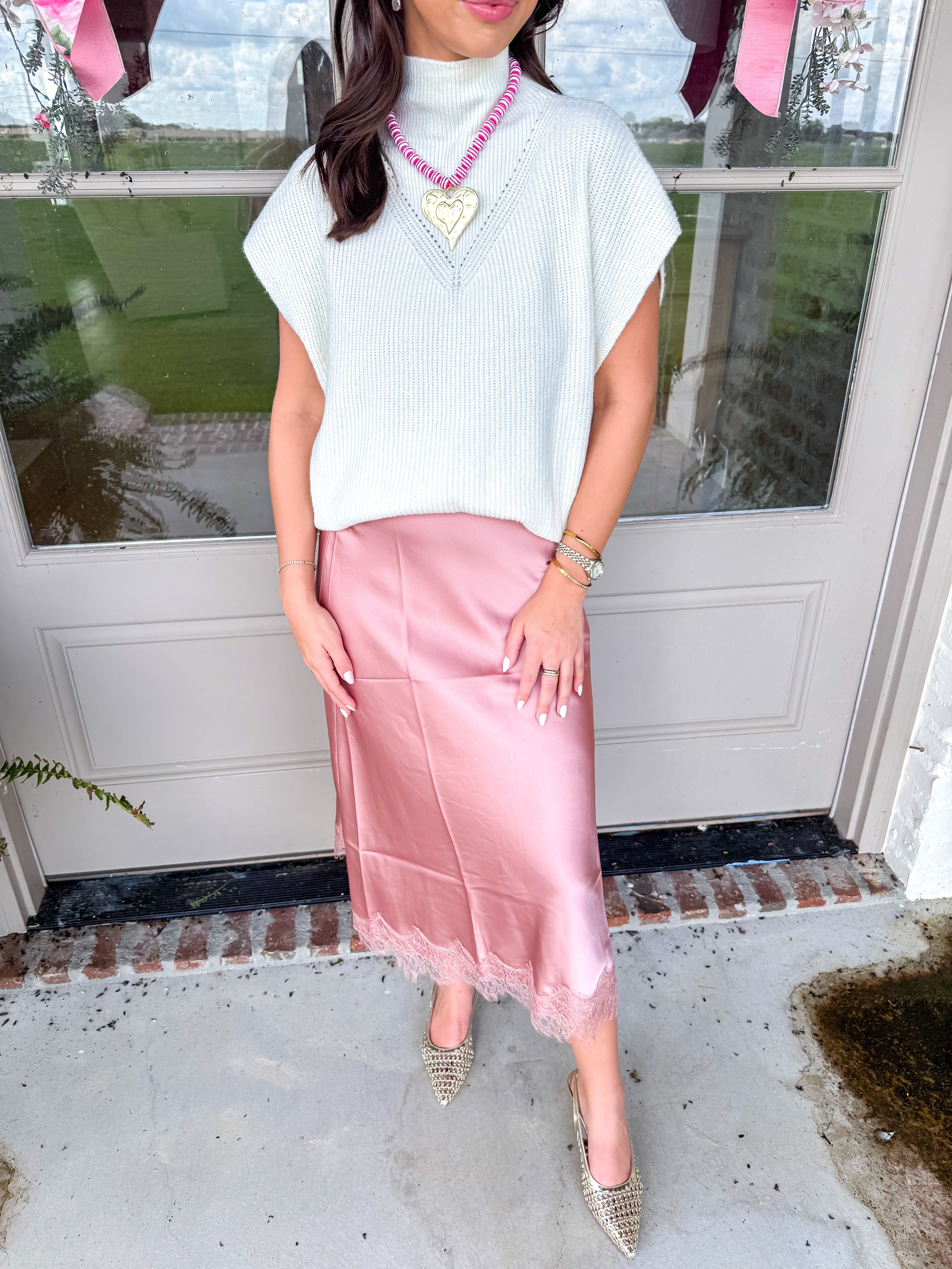 Lace & Satin Midi Skirt Rose
