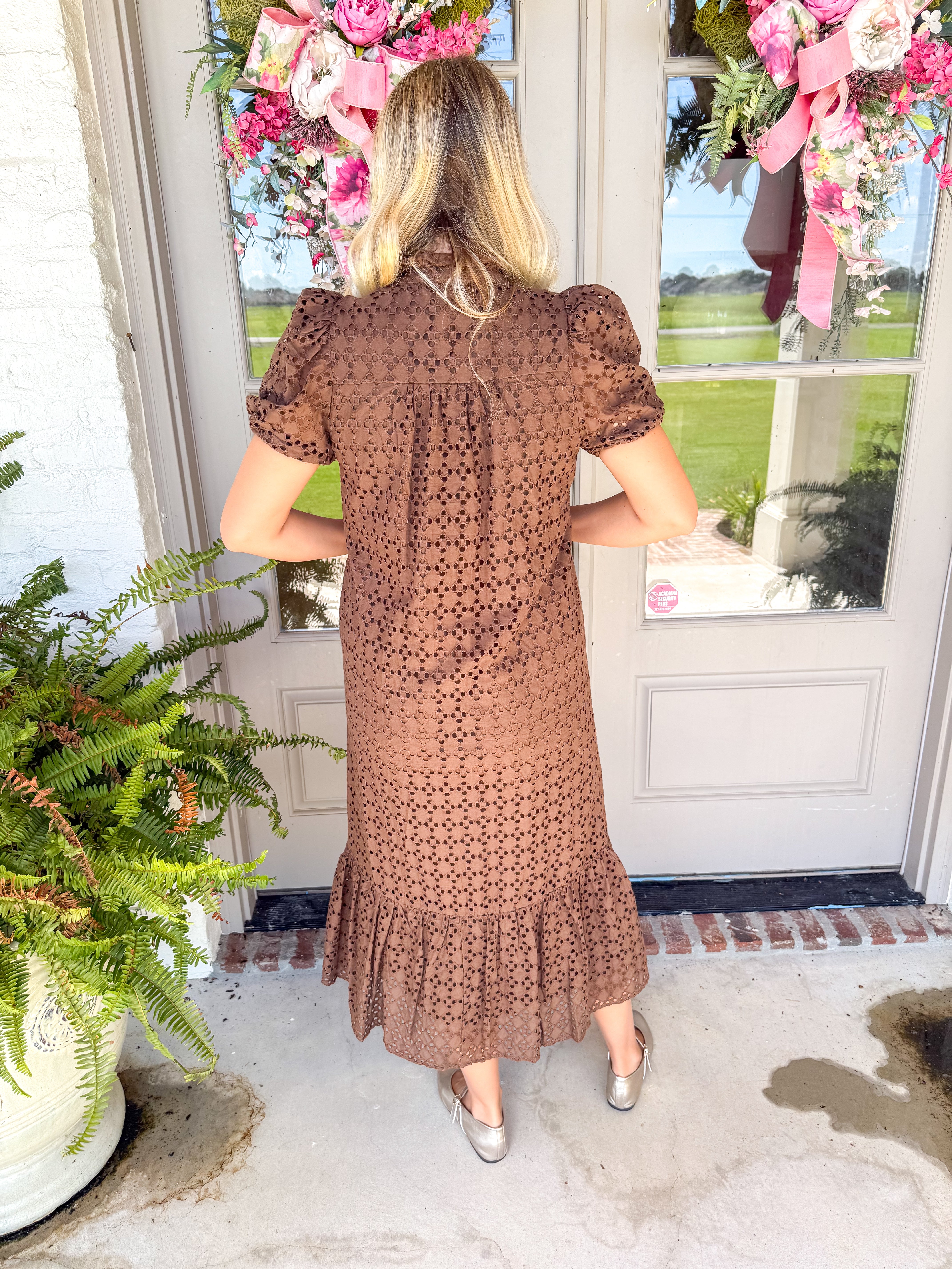 Evelyn Eyelet Midi Dress Brown