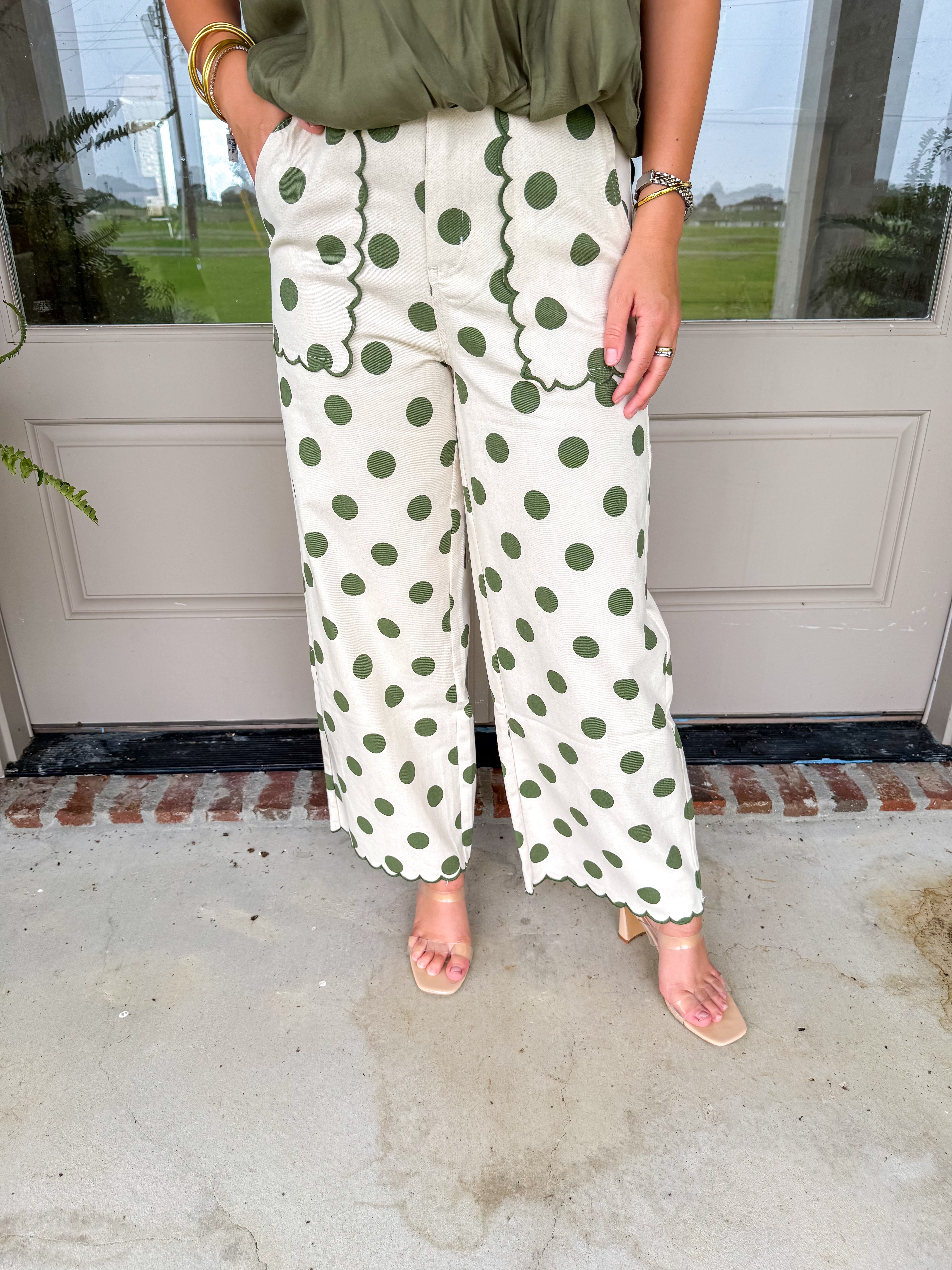 Scalloped Polka Dot Wide-Leg Pants Ecru/Olive