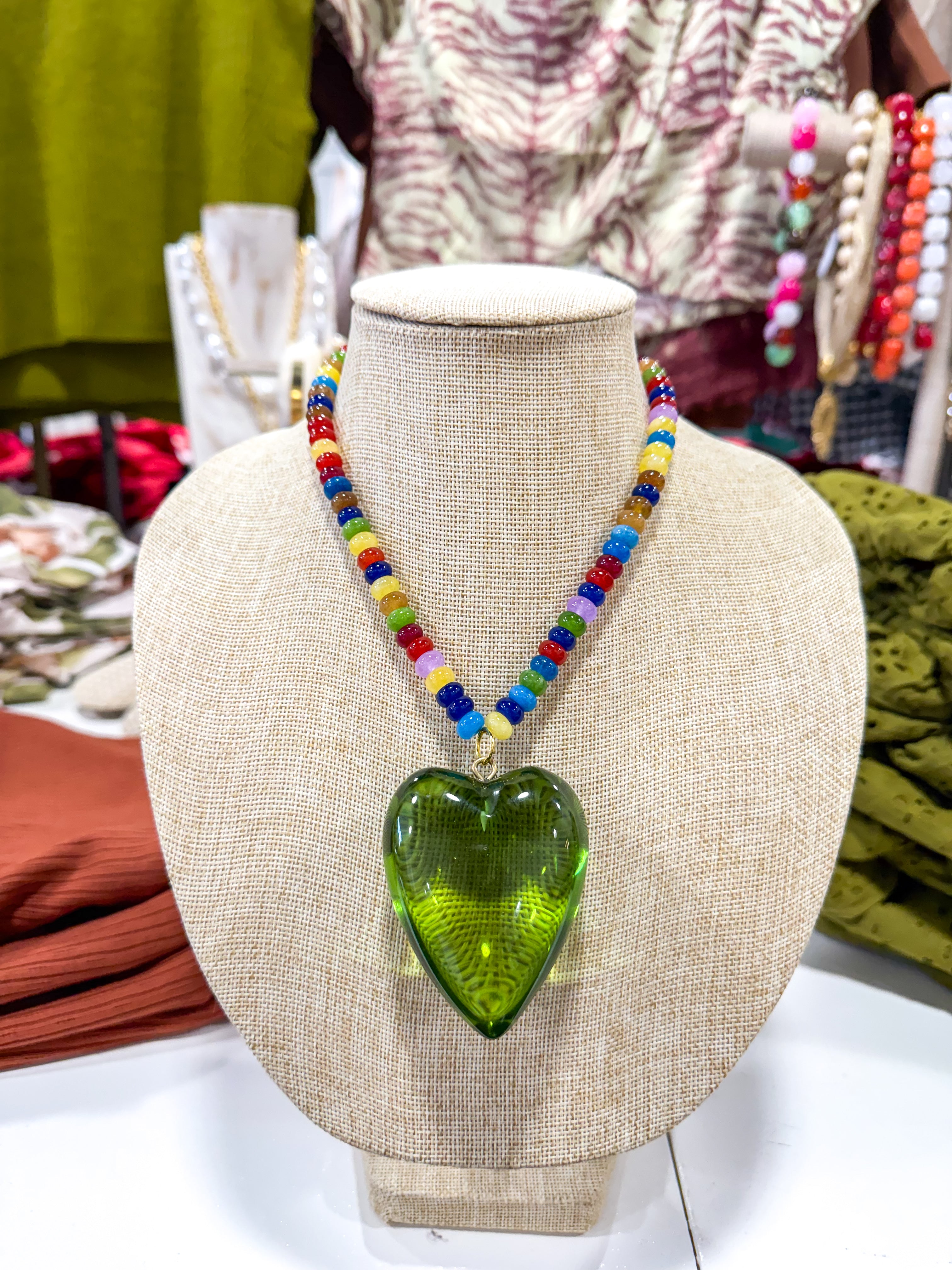 Large Emerald Heart Colorful Beaded Necklace