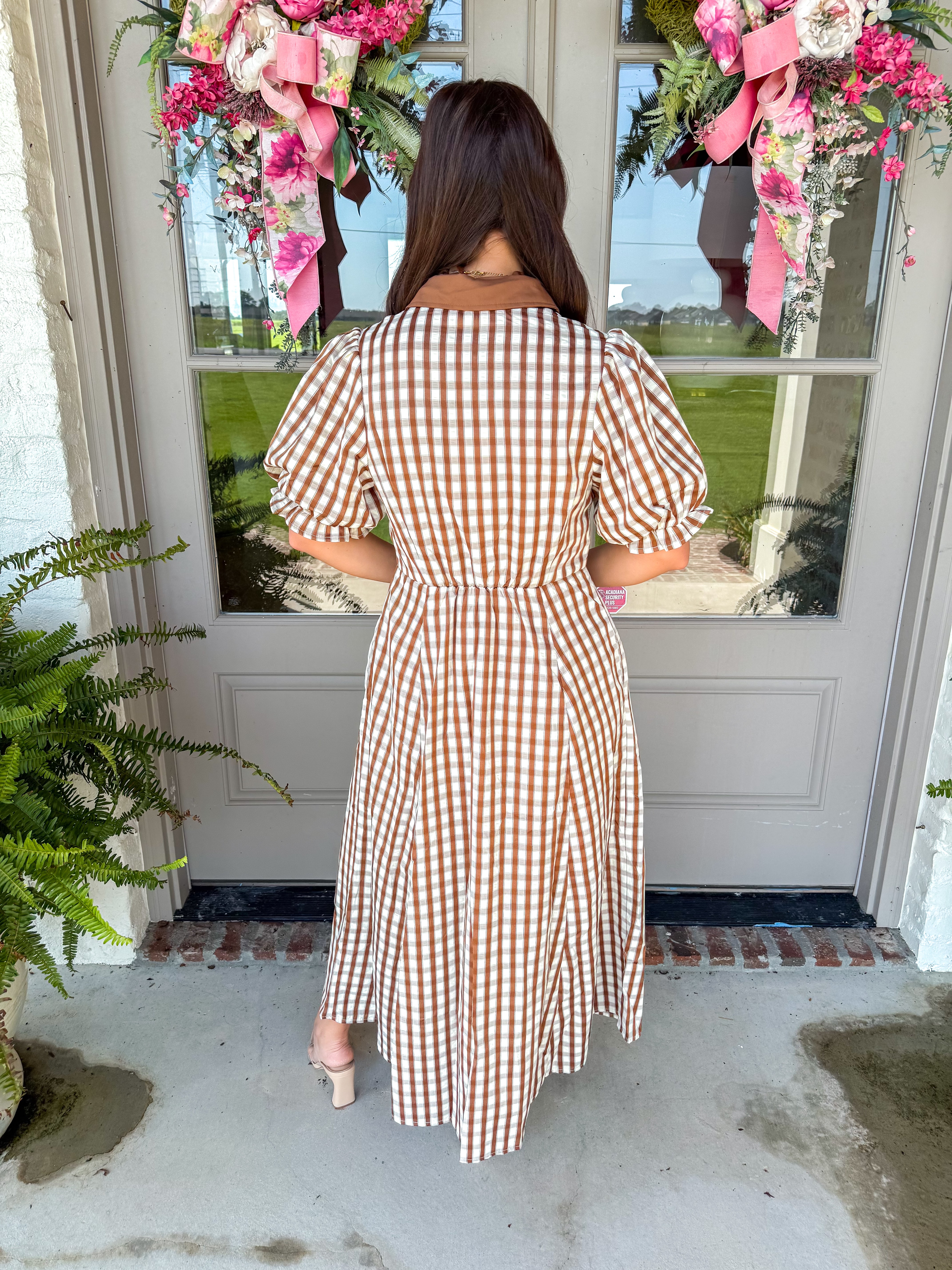 Brown Gingham Charm Midi Shirt Dress