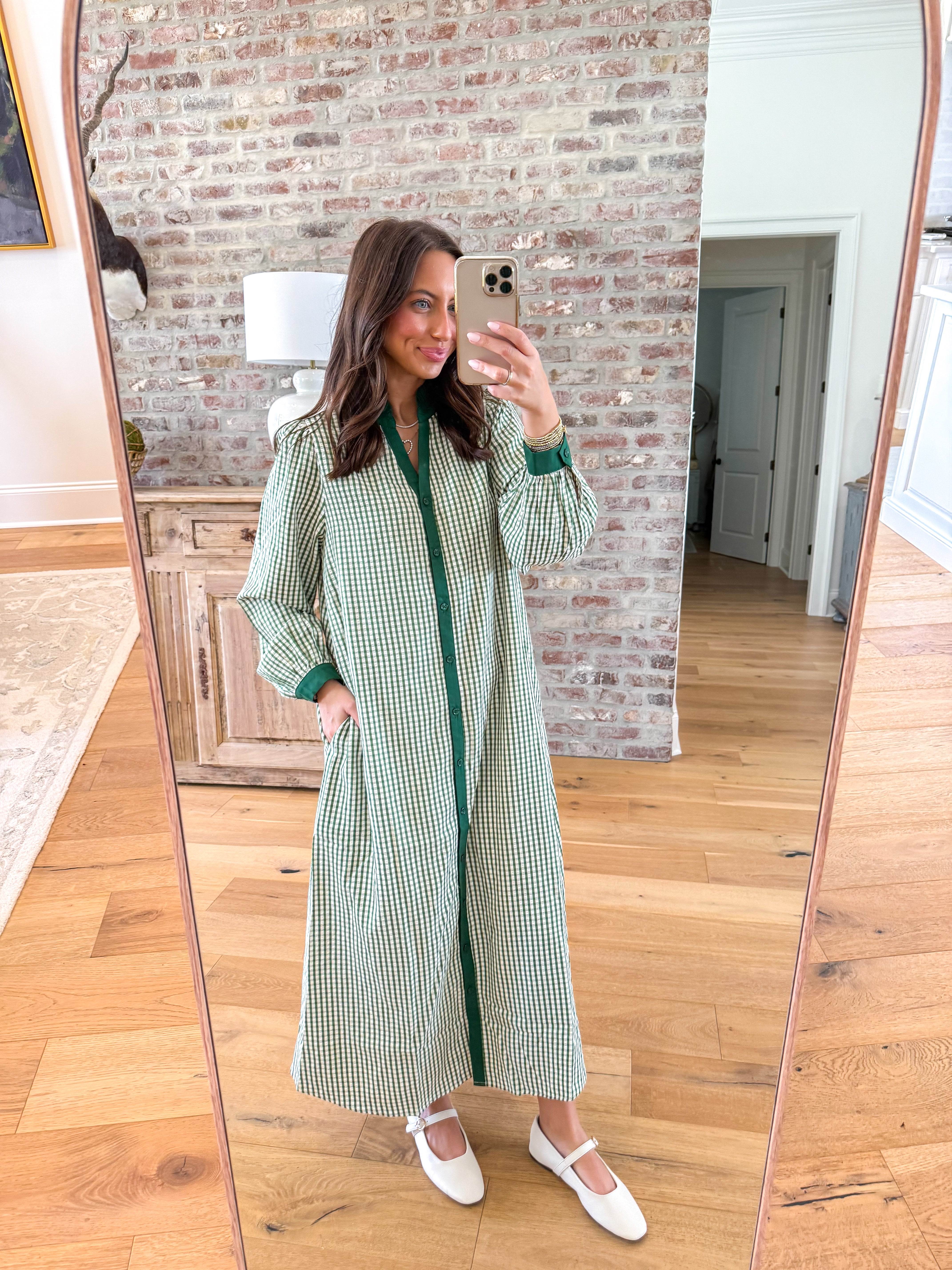Green Gingham Ruffle Midi Dress