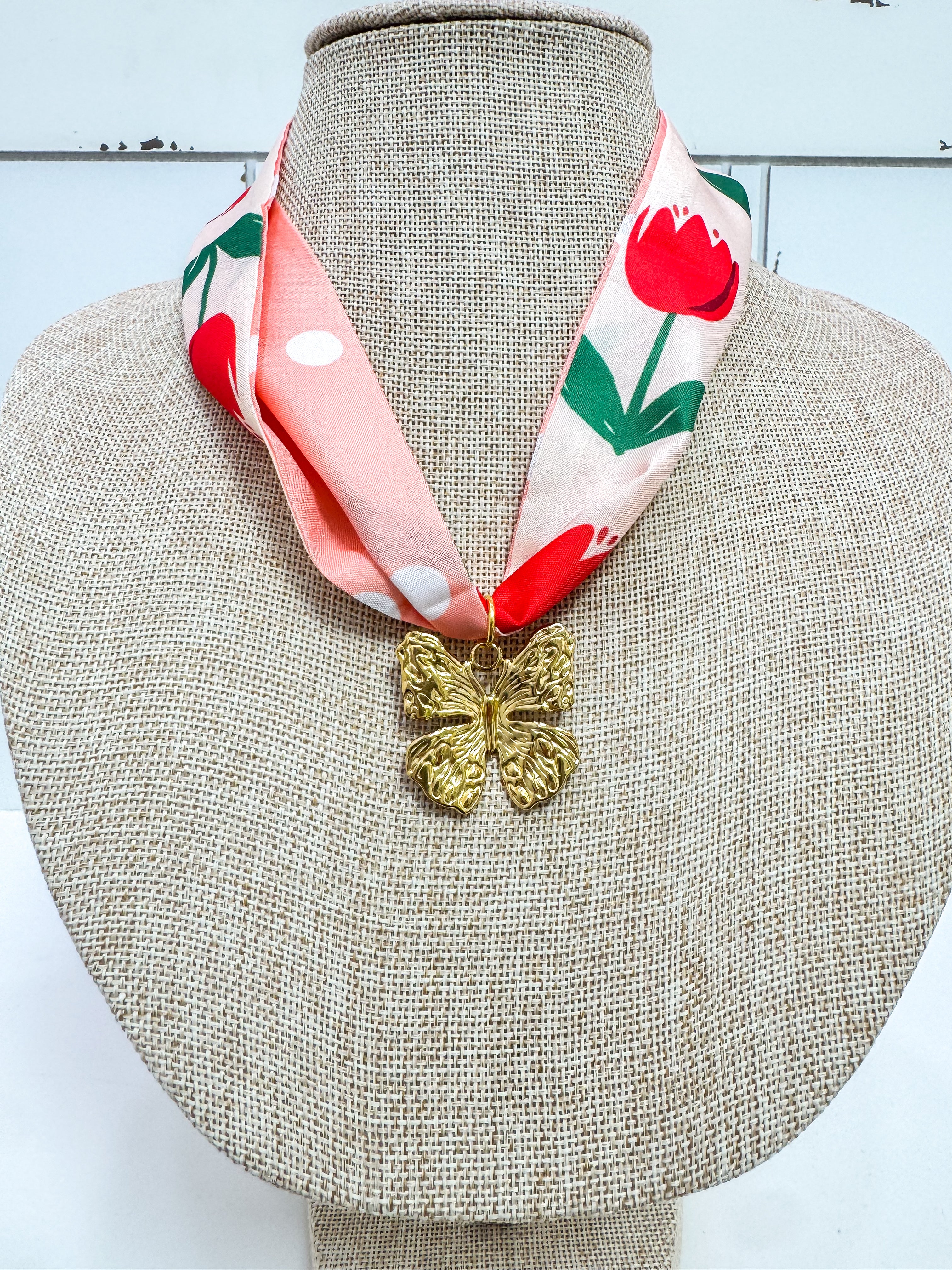 Rose Bud Gold Butterfly Scarf Necklace