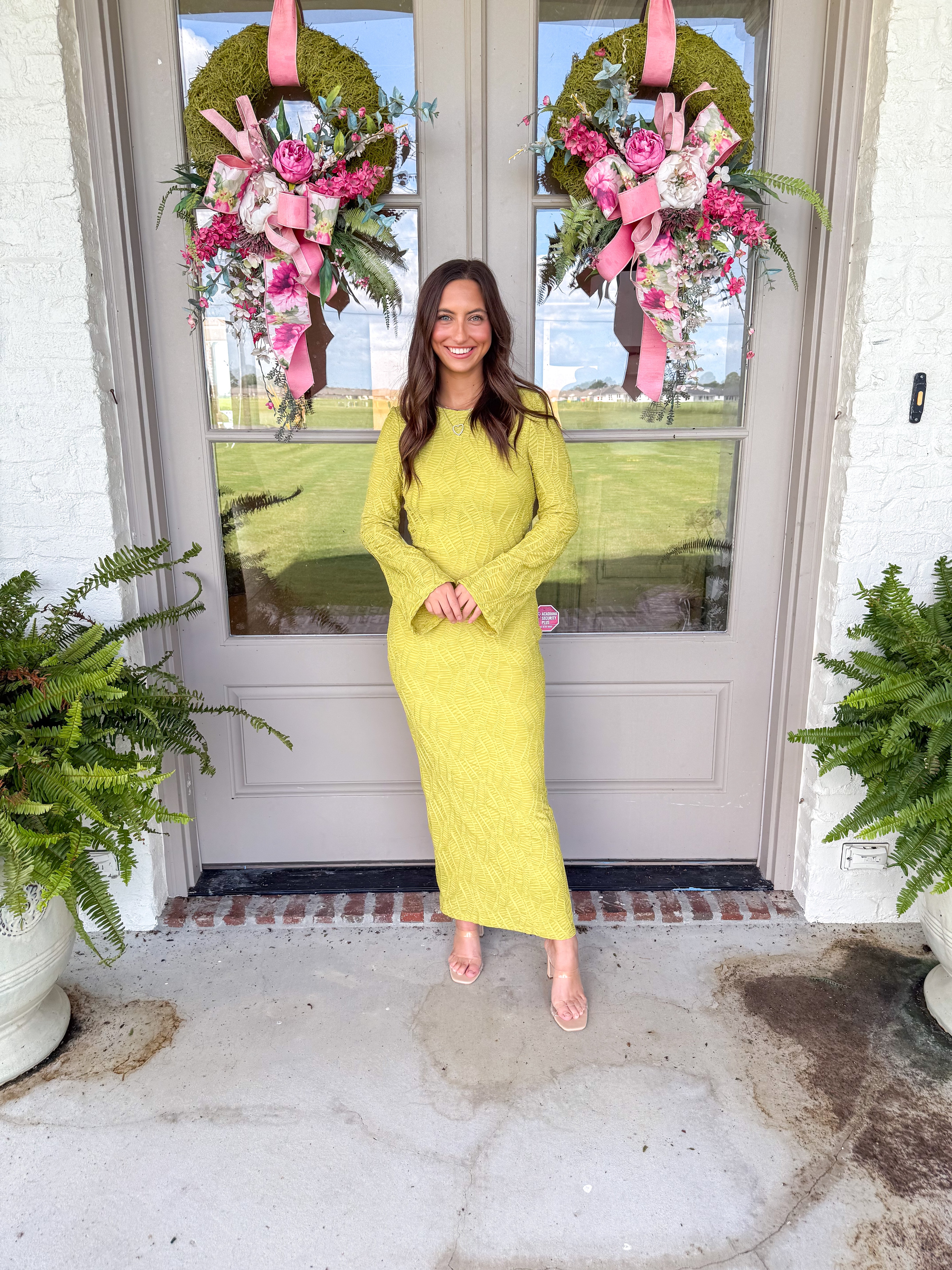 Chartreuse Textured Knit Midi Dress