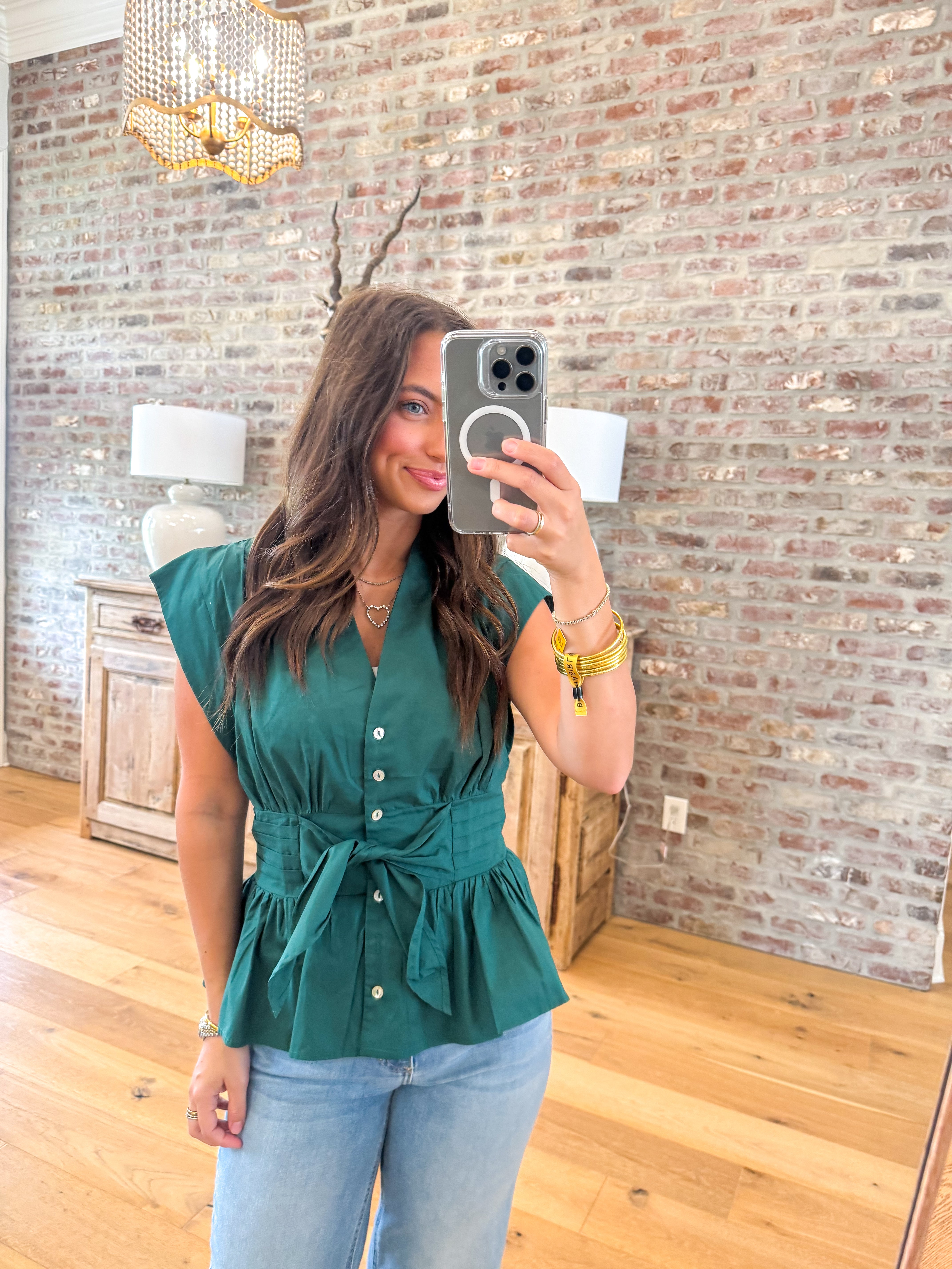 Vivianne self-Tie Peplum Blouse Hunter Green