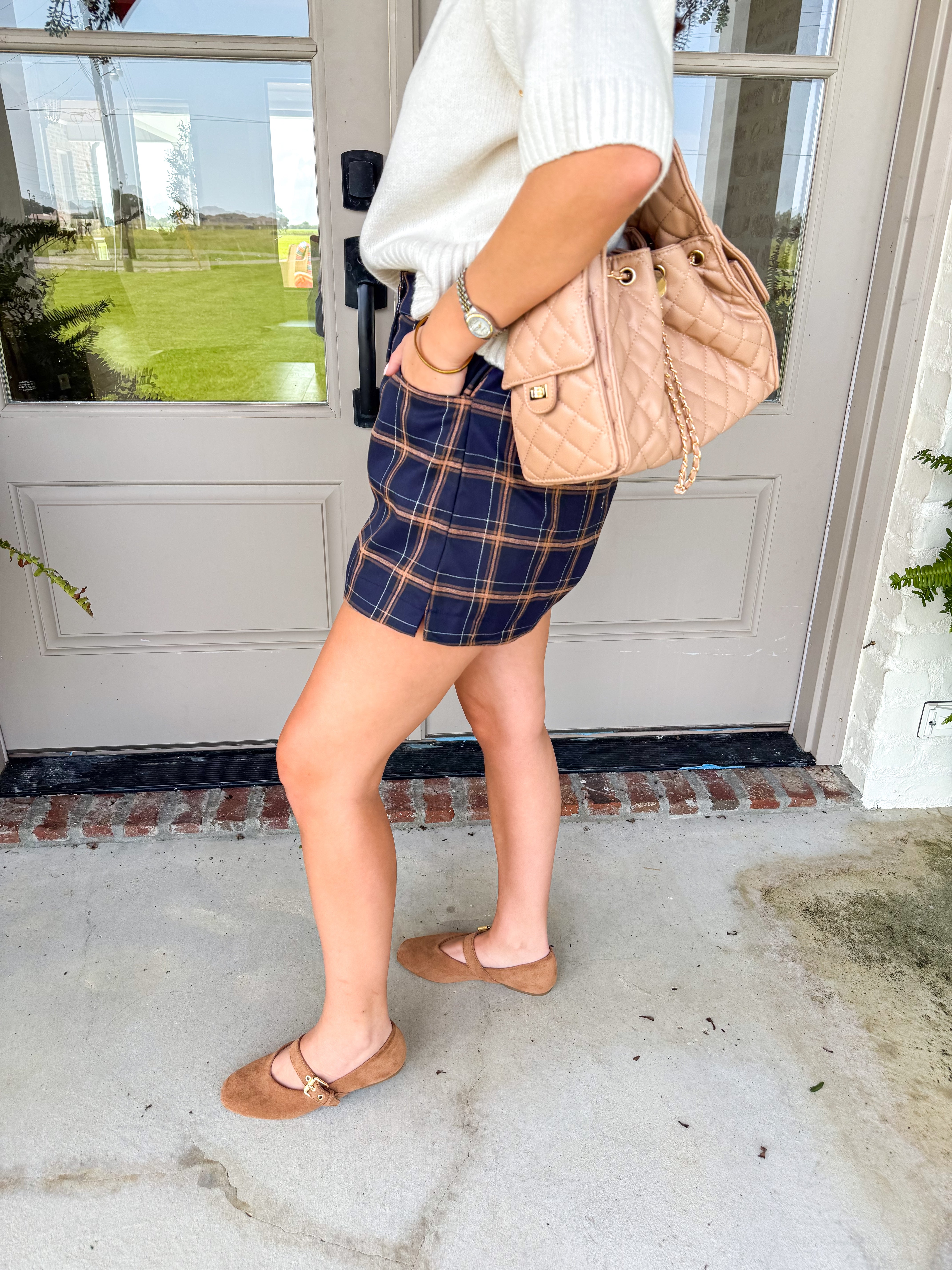 Windowpane Plaid High-Waisted Shorts