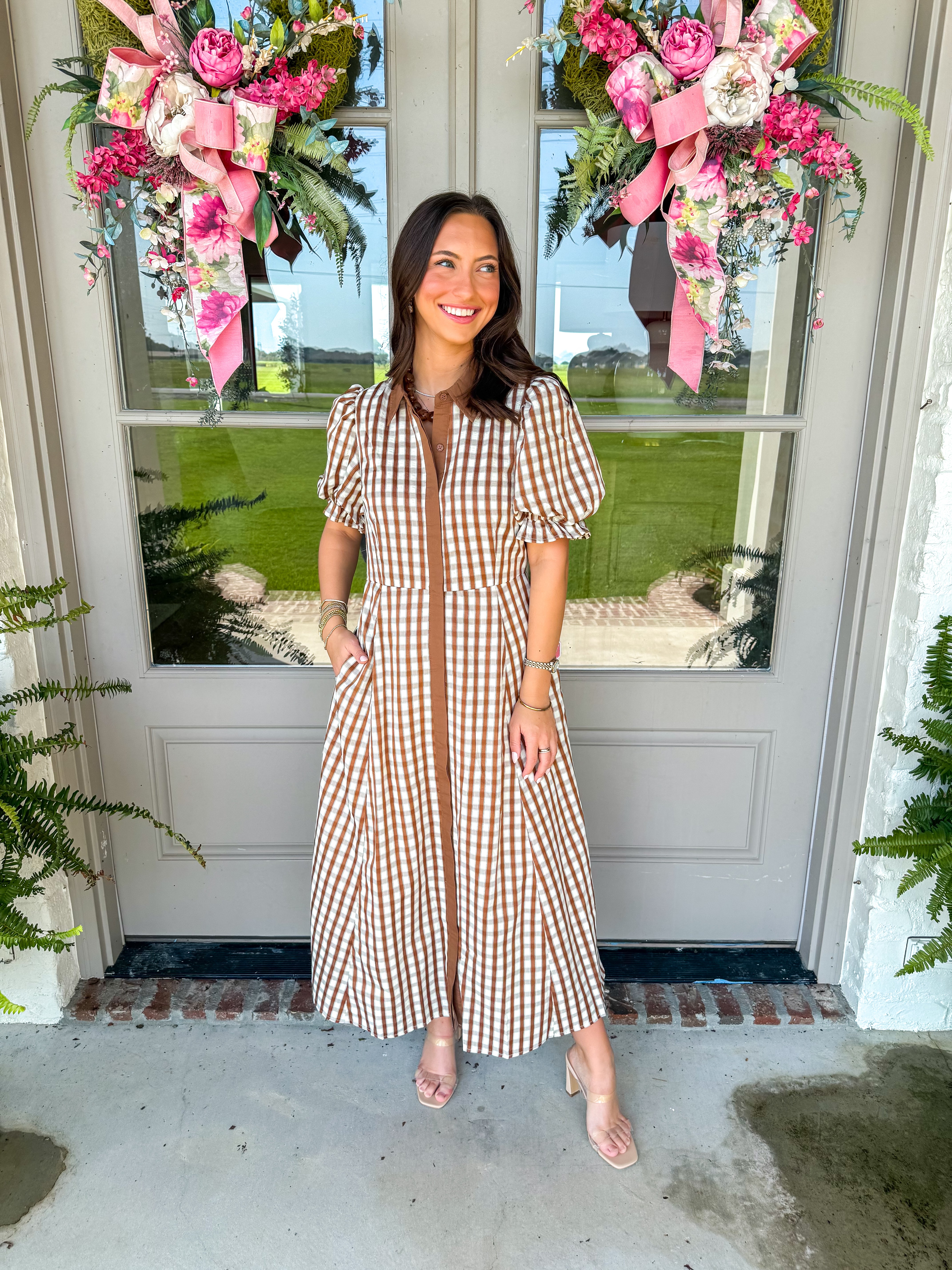 Brown Gingham Charm Midi Shirt Dress