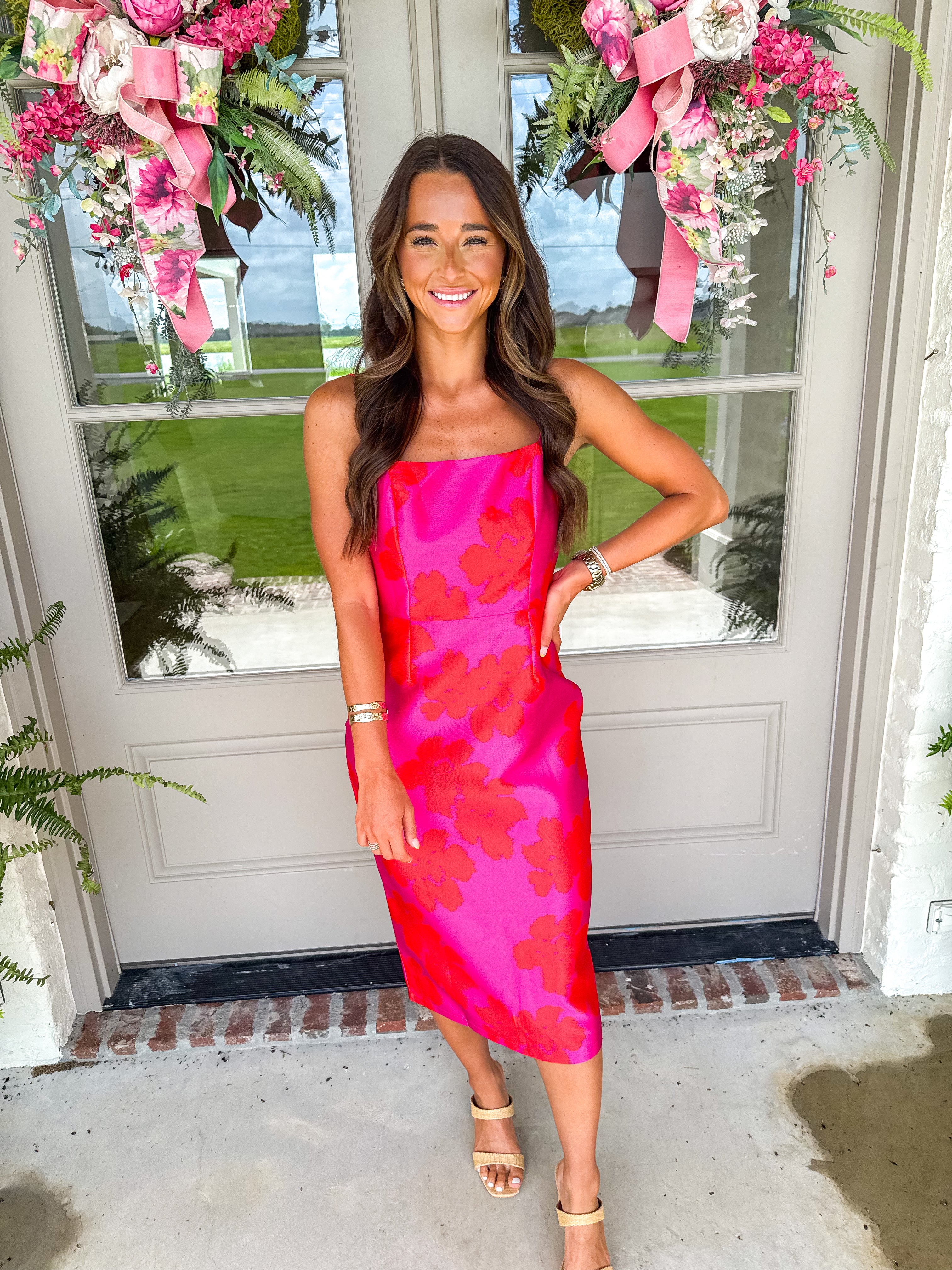 Fuchsia Garden Floral Satin Midi Dress