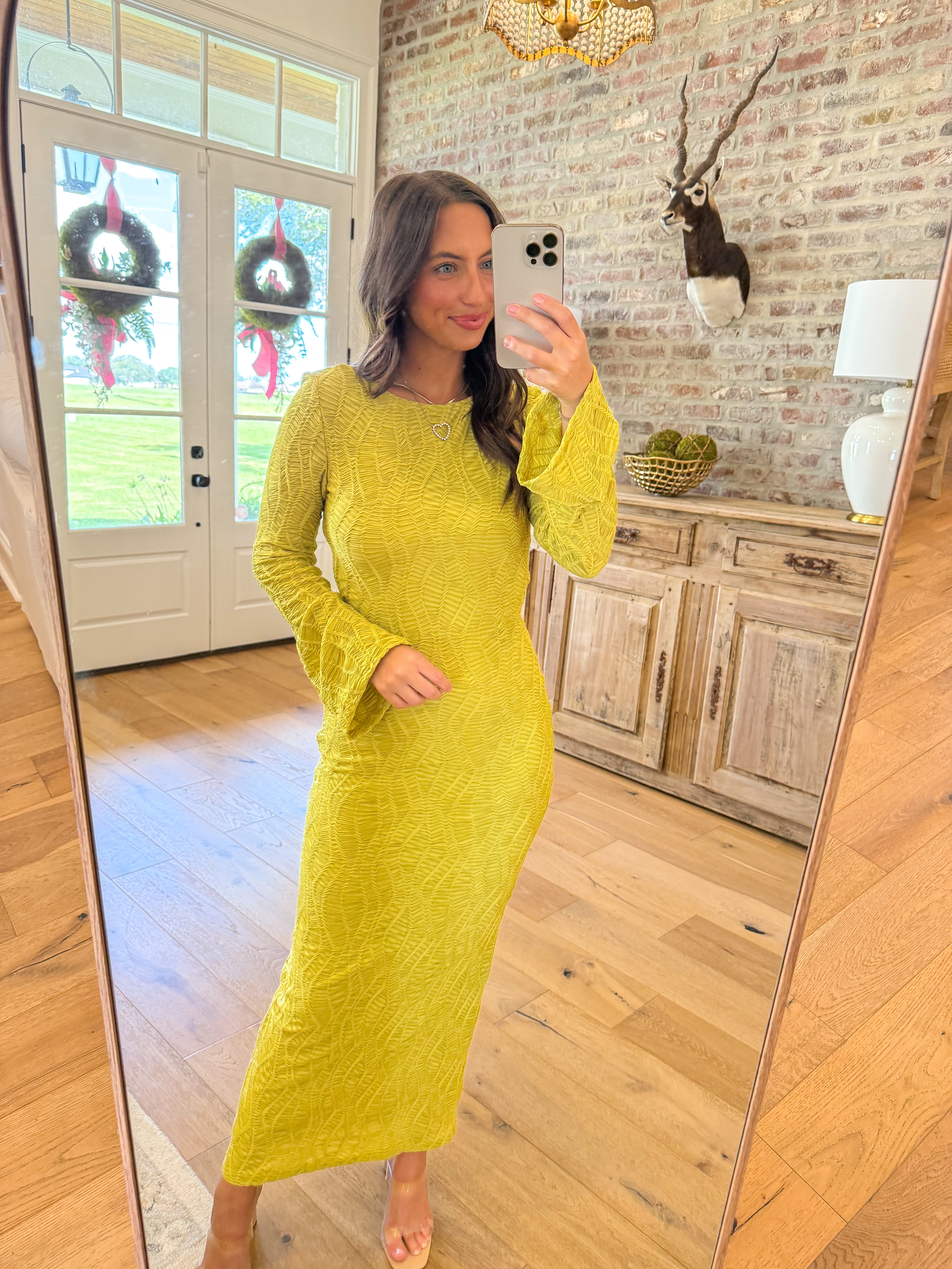 Chartreuse Textured Knit Midi Dress