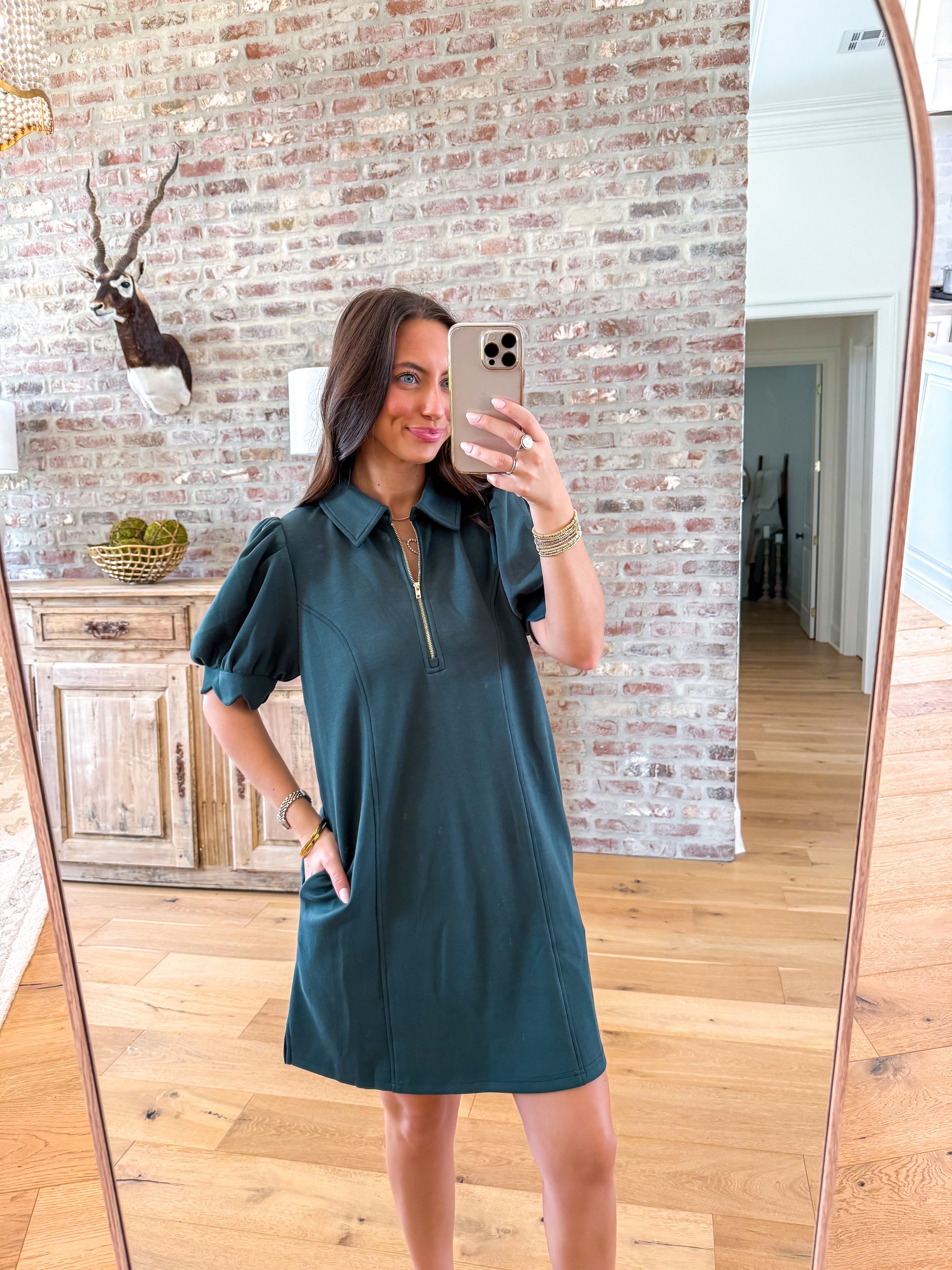 Forest Green Half-Zip Puff Sleeve Dress