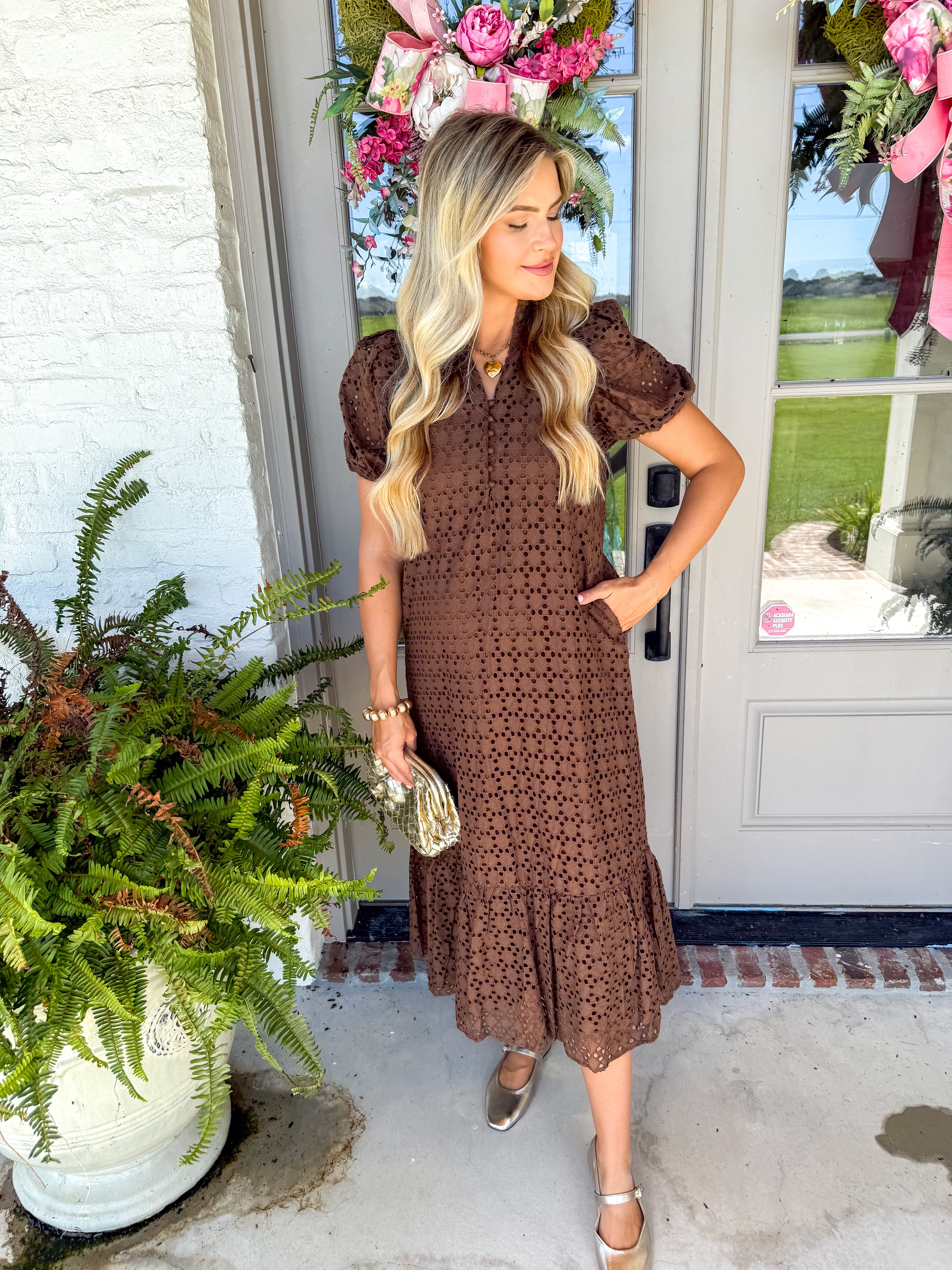 Evelyn Eyelet Midi Dress Brown