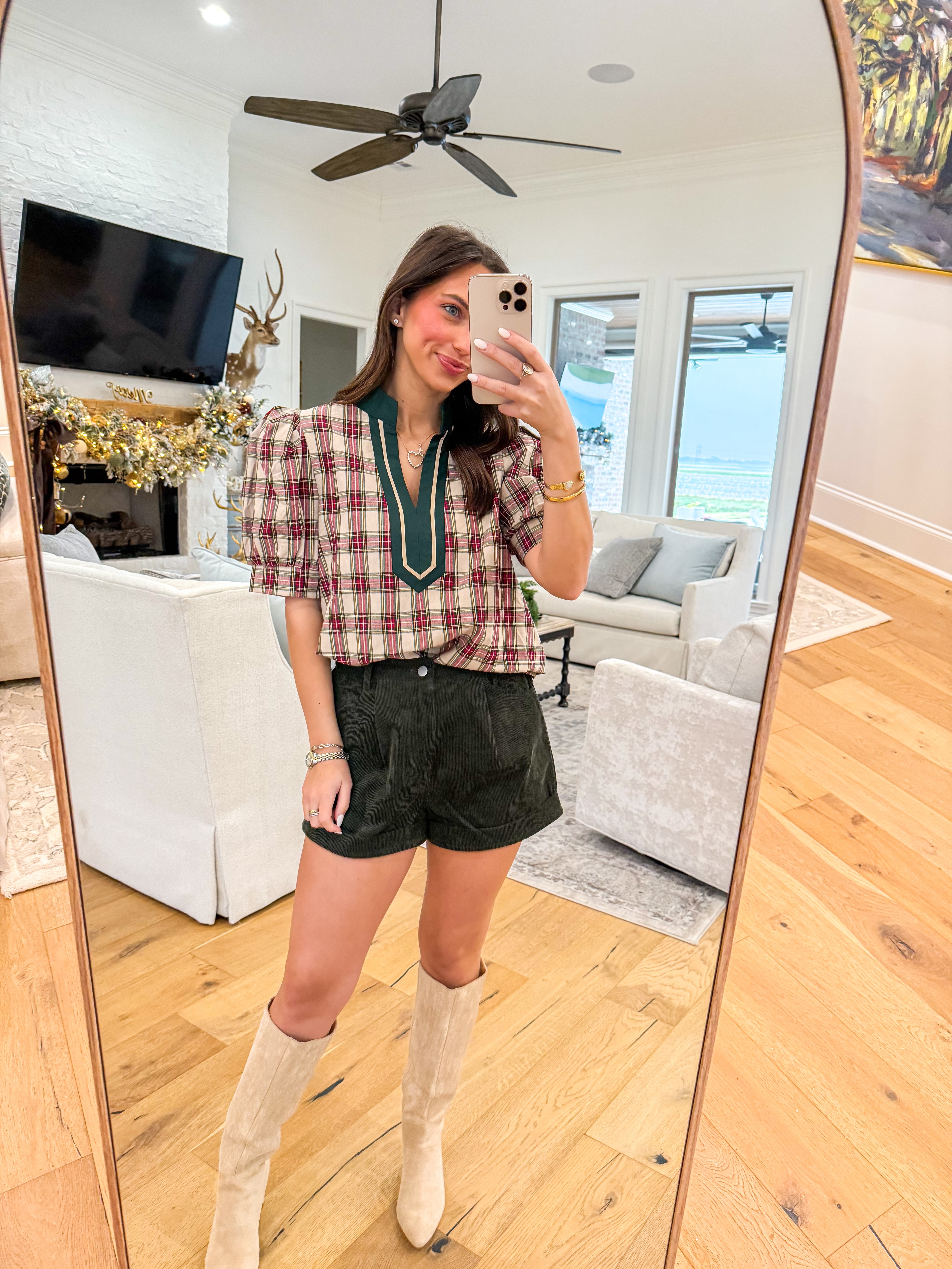 Holiday Hearth Taupe Plaid Blouse