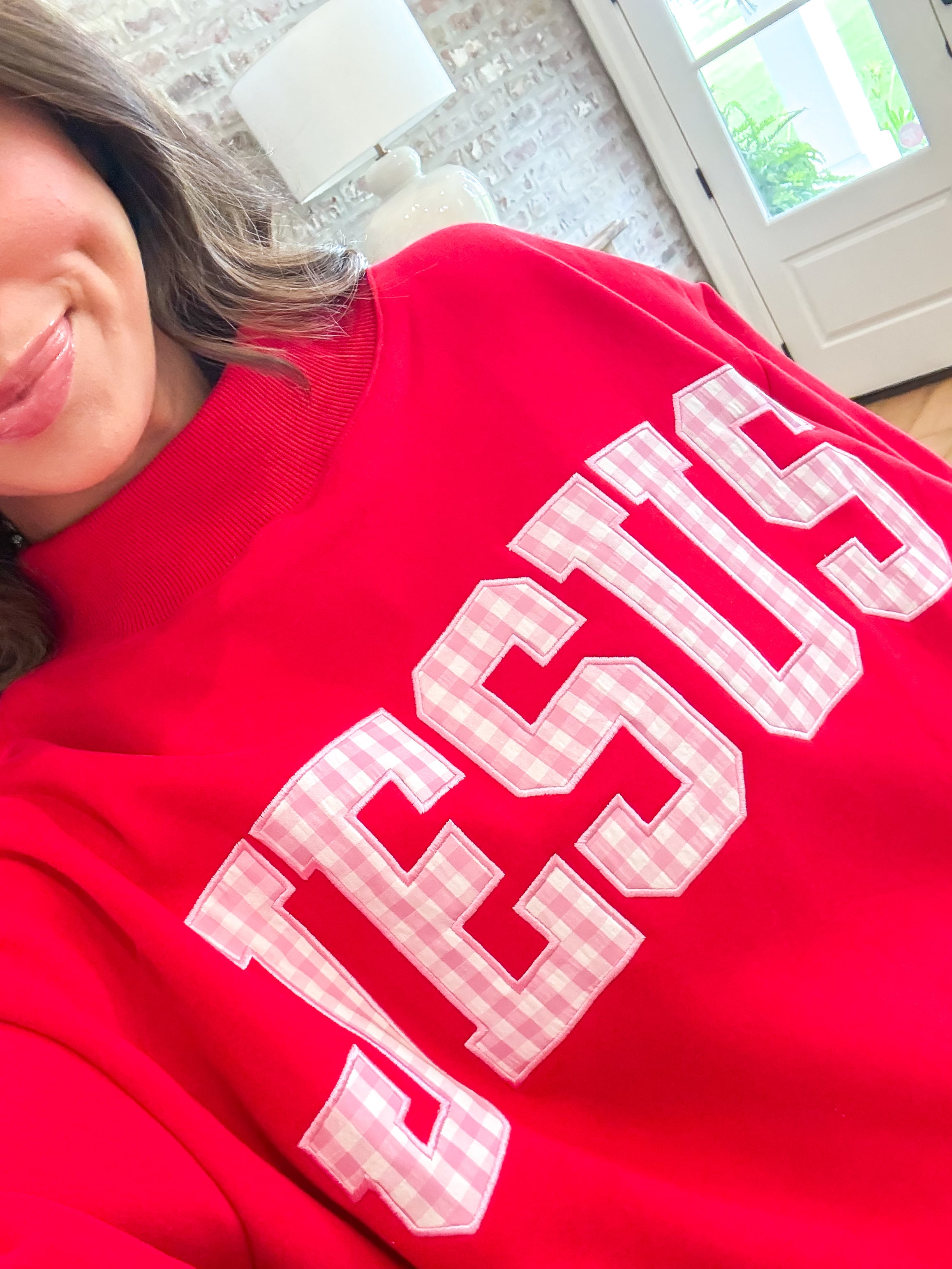 Gingham Jesus Mock Neck Sweatshirt in Red