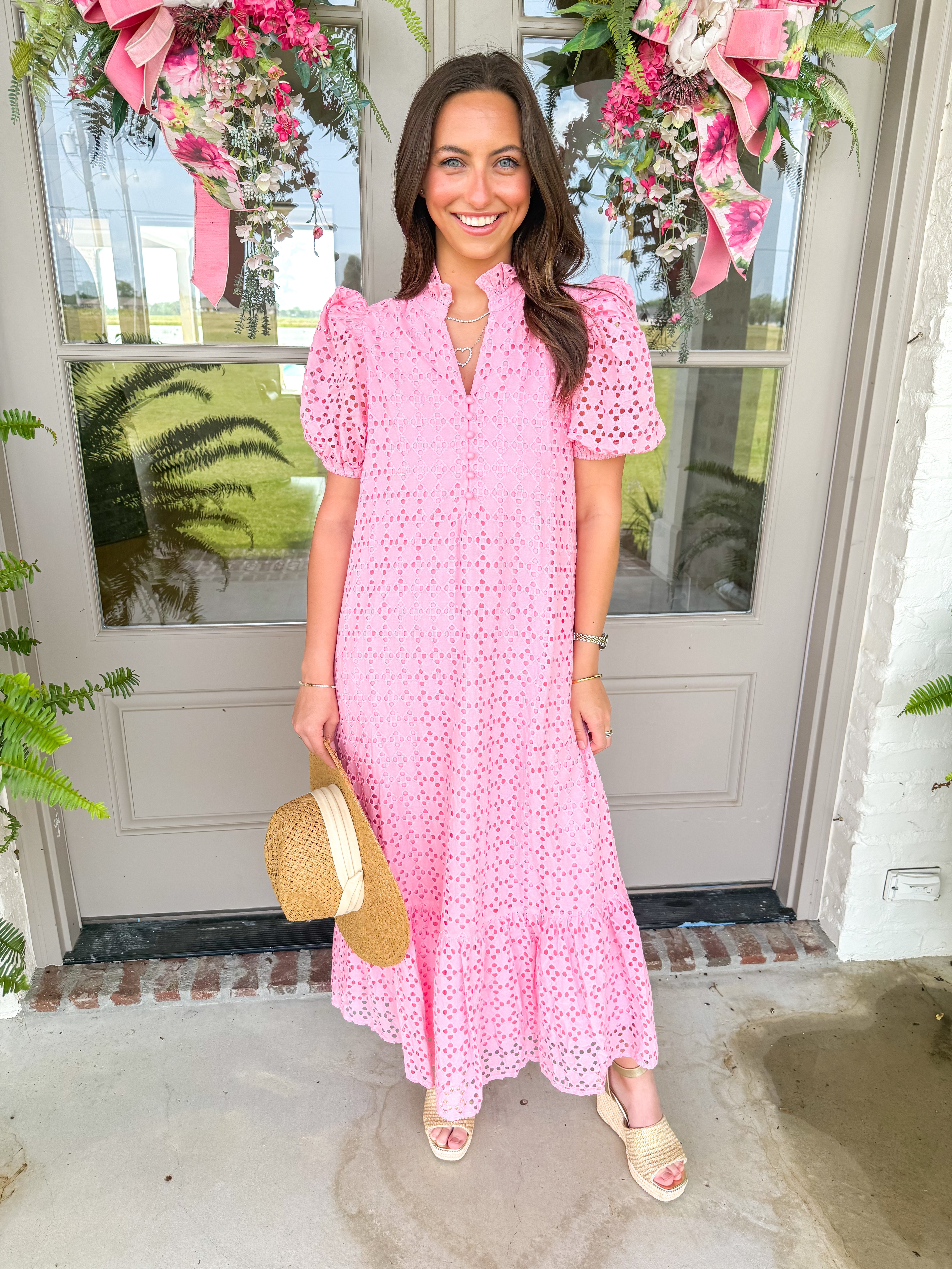 Evelyn Pink Eyelet Midi Dress