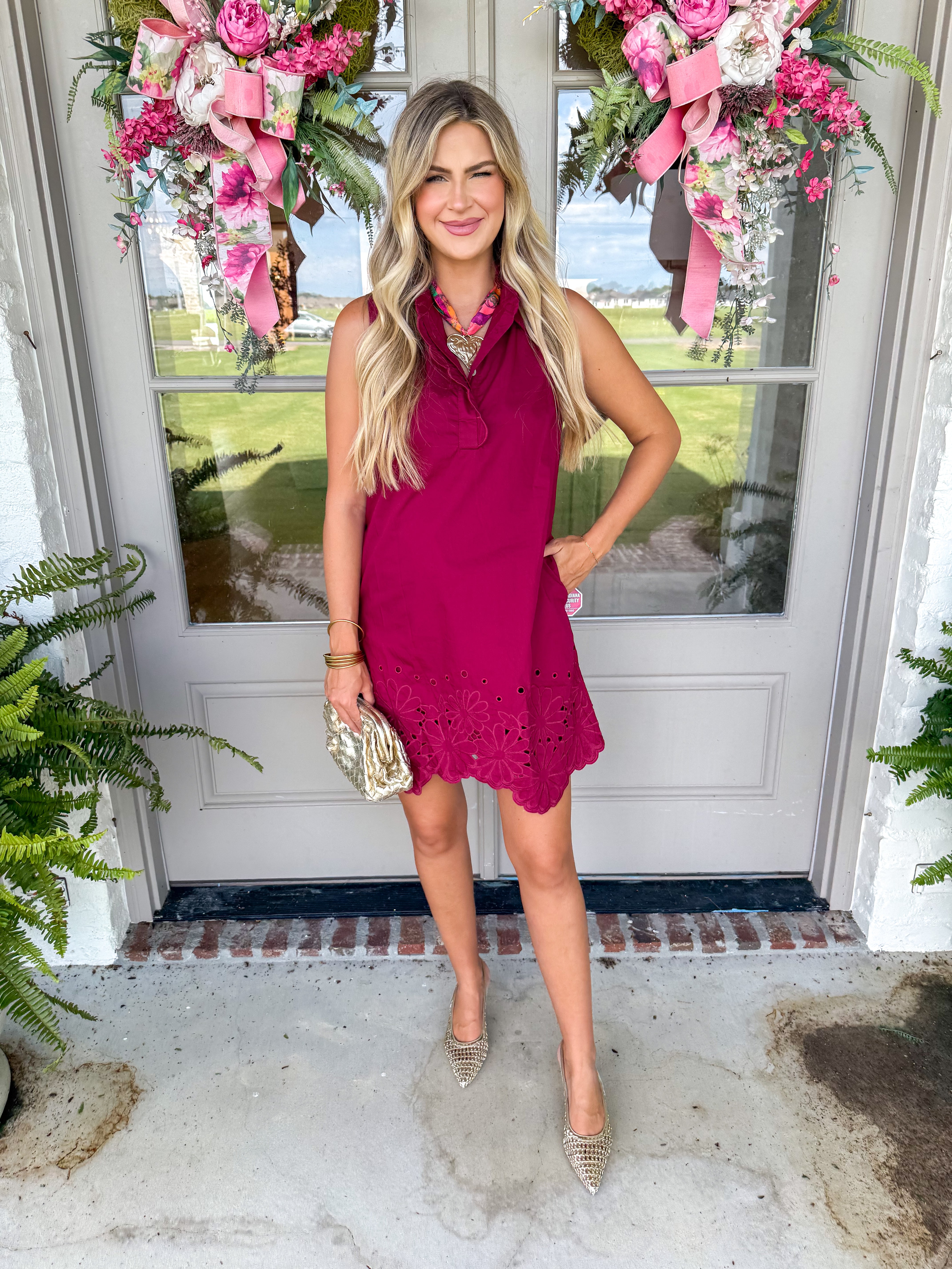 Scalloped Eyelet Shift Dress Burgundy