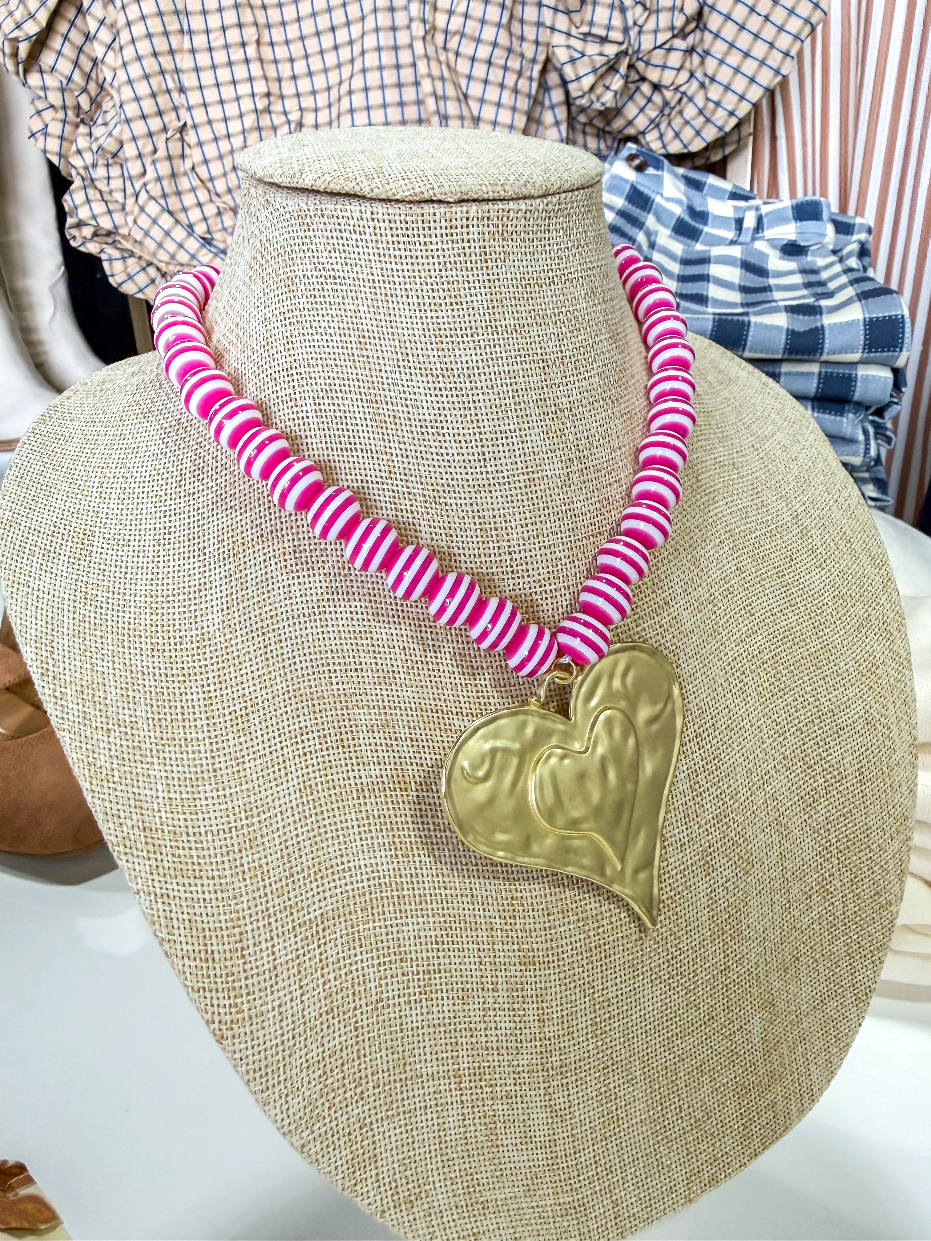Pink/White Striped Large Heart Beaded Necklace
