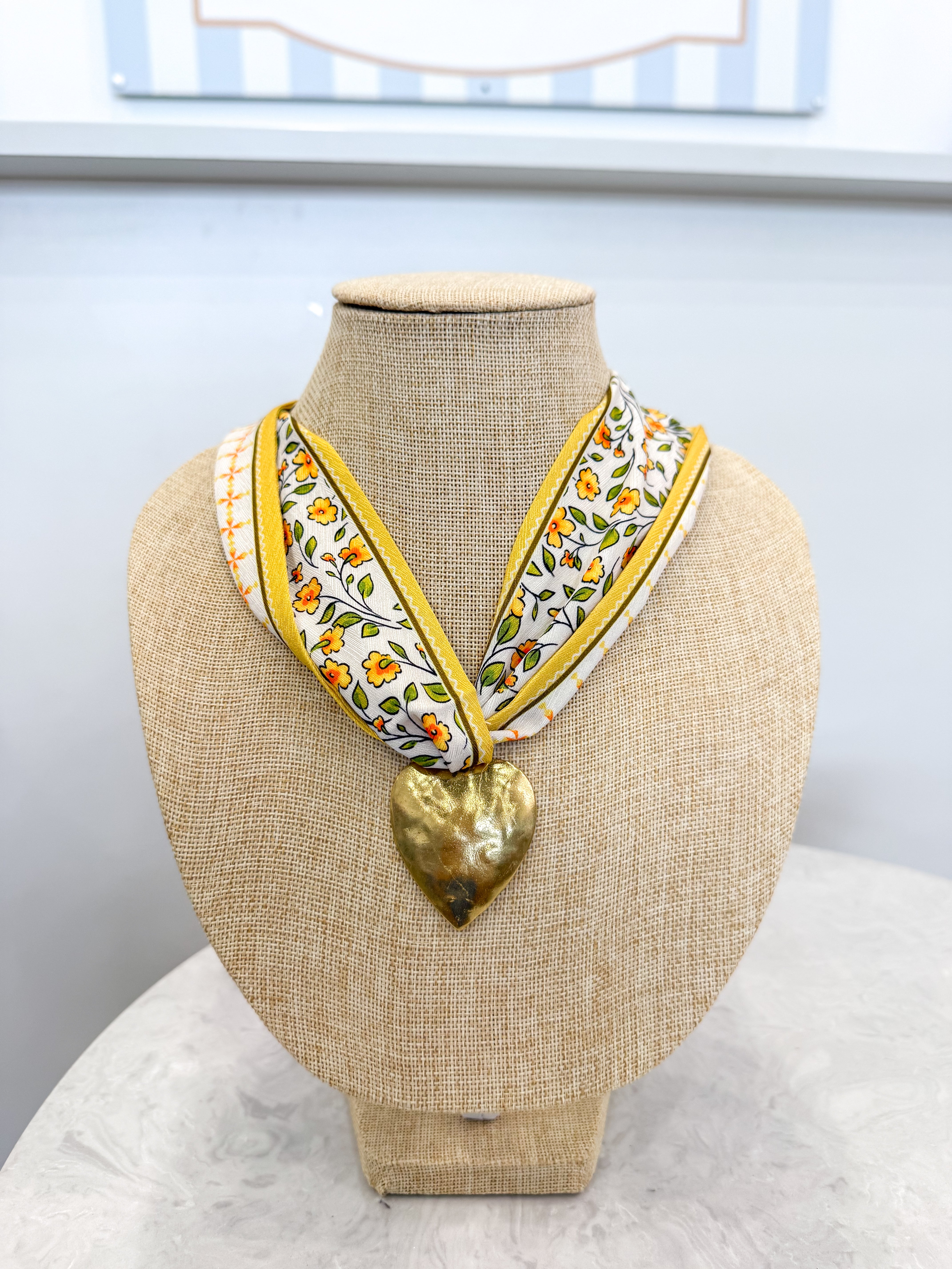 Yellow Floral Gold Heart Scarf Necklace