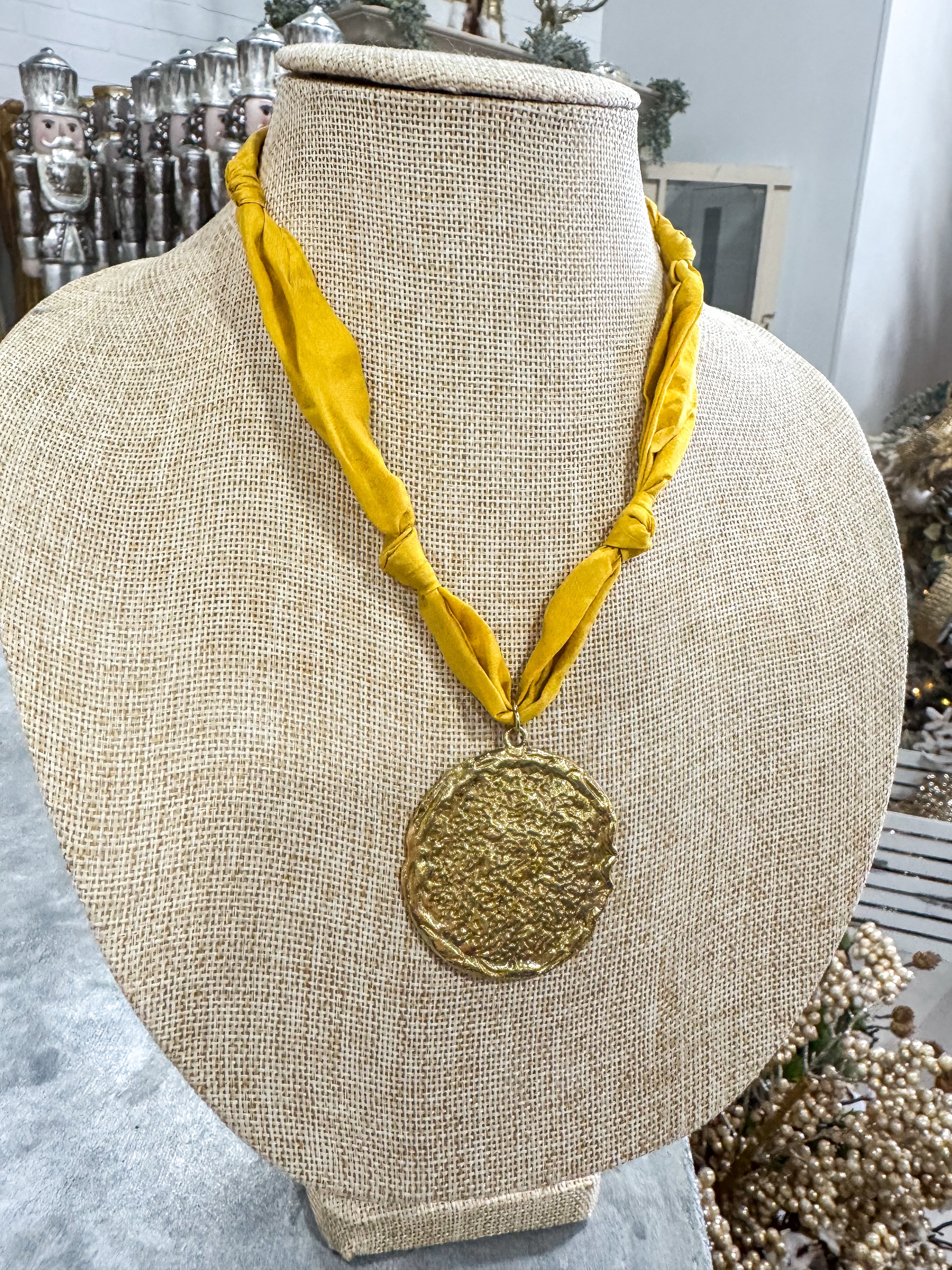 Mustard Scarf Necklace Gold Circle
