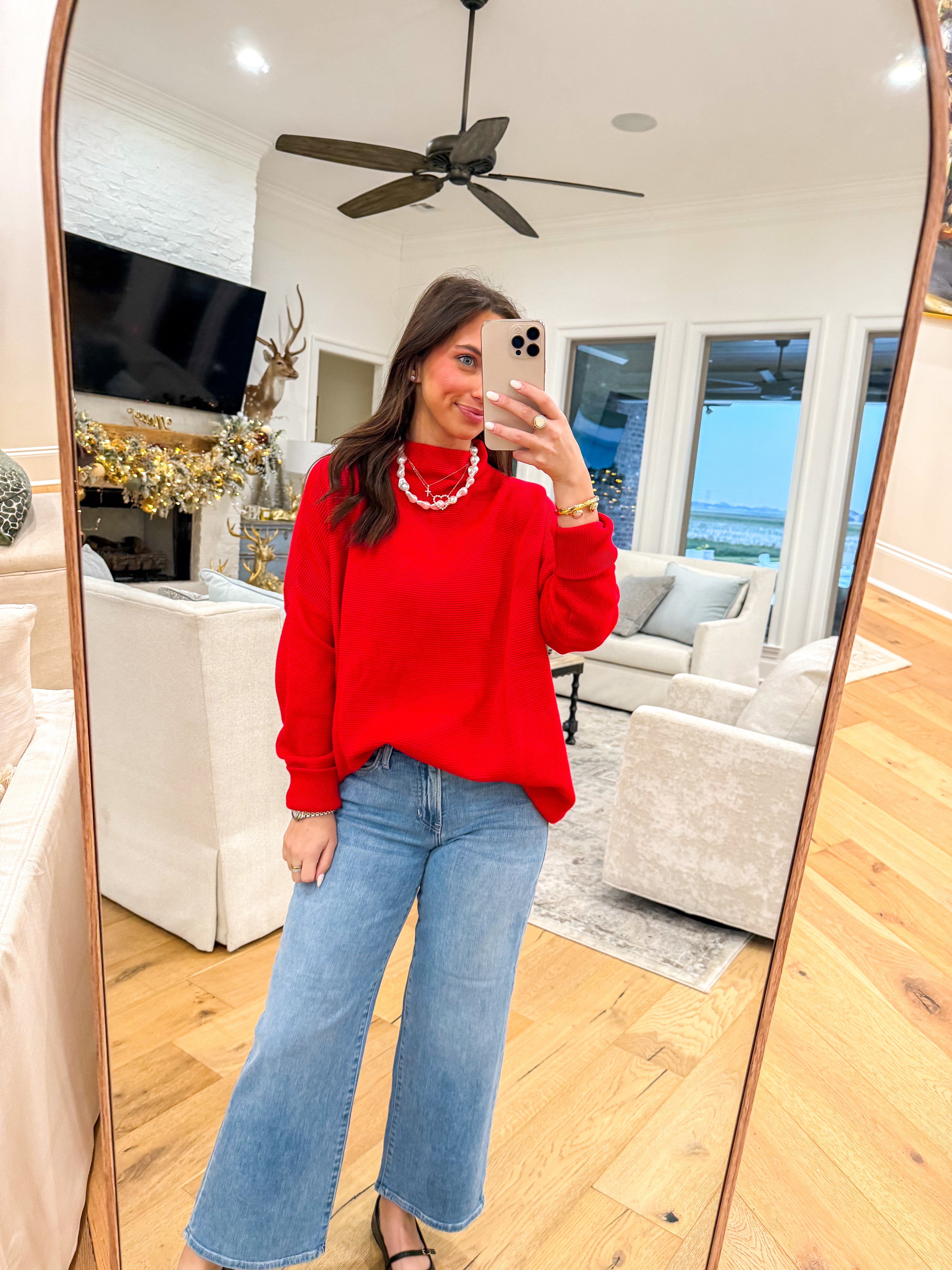 Red Oversized Textured Sweater Tunic