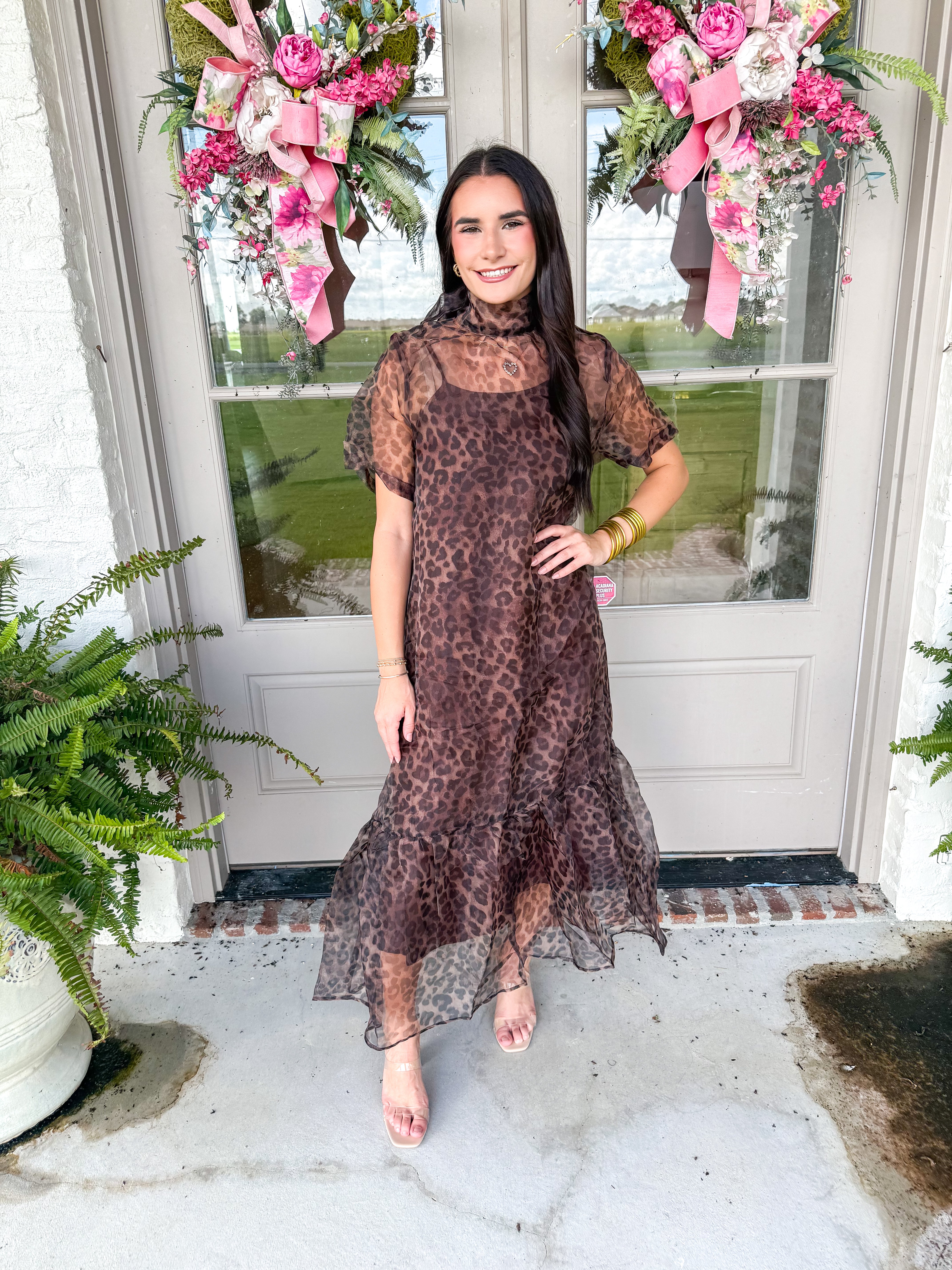 Leopard Organza Scarf-Tie Midi Dress