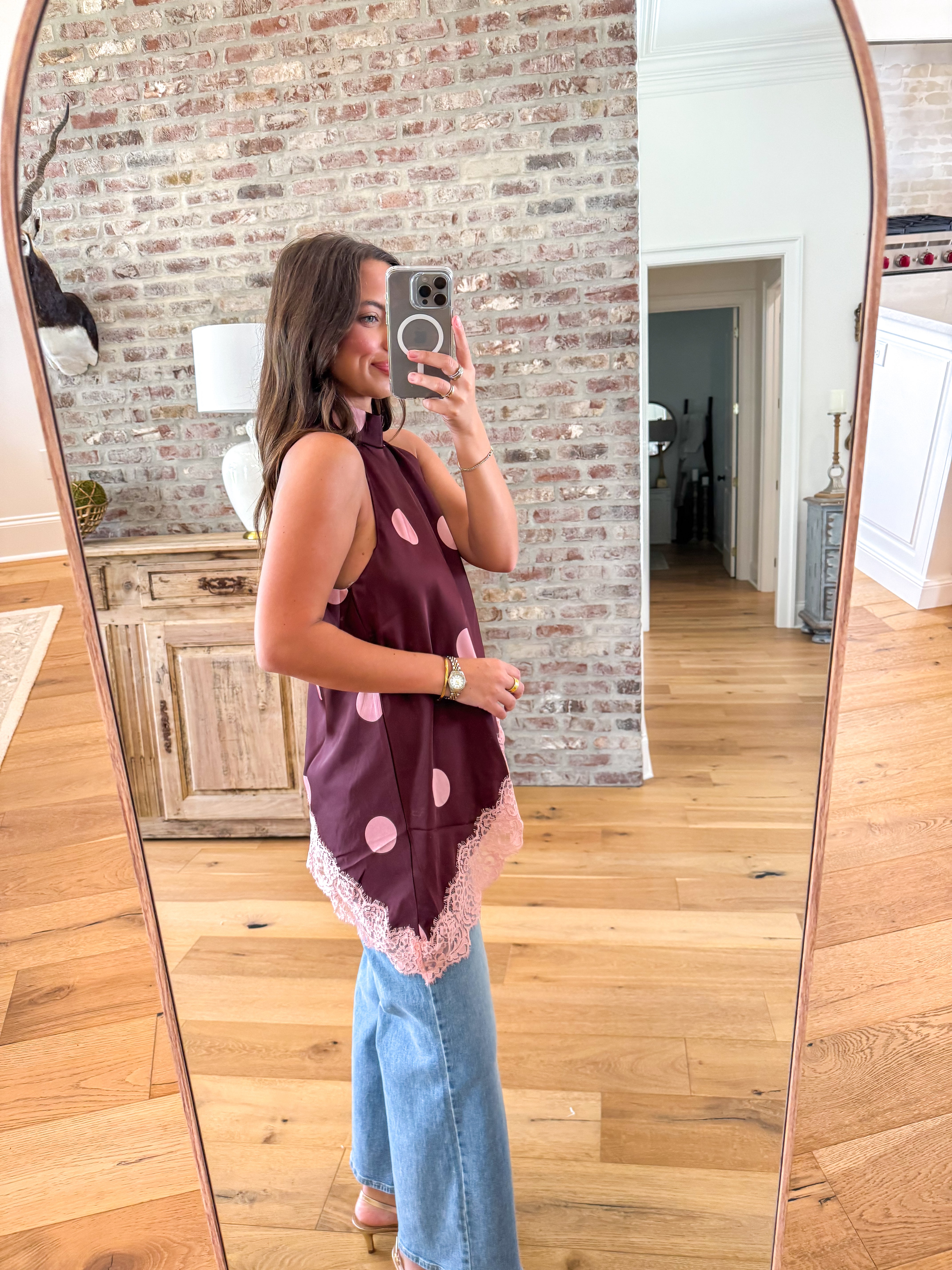 Burgundy Dot Satin Halter Top