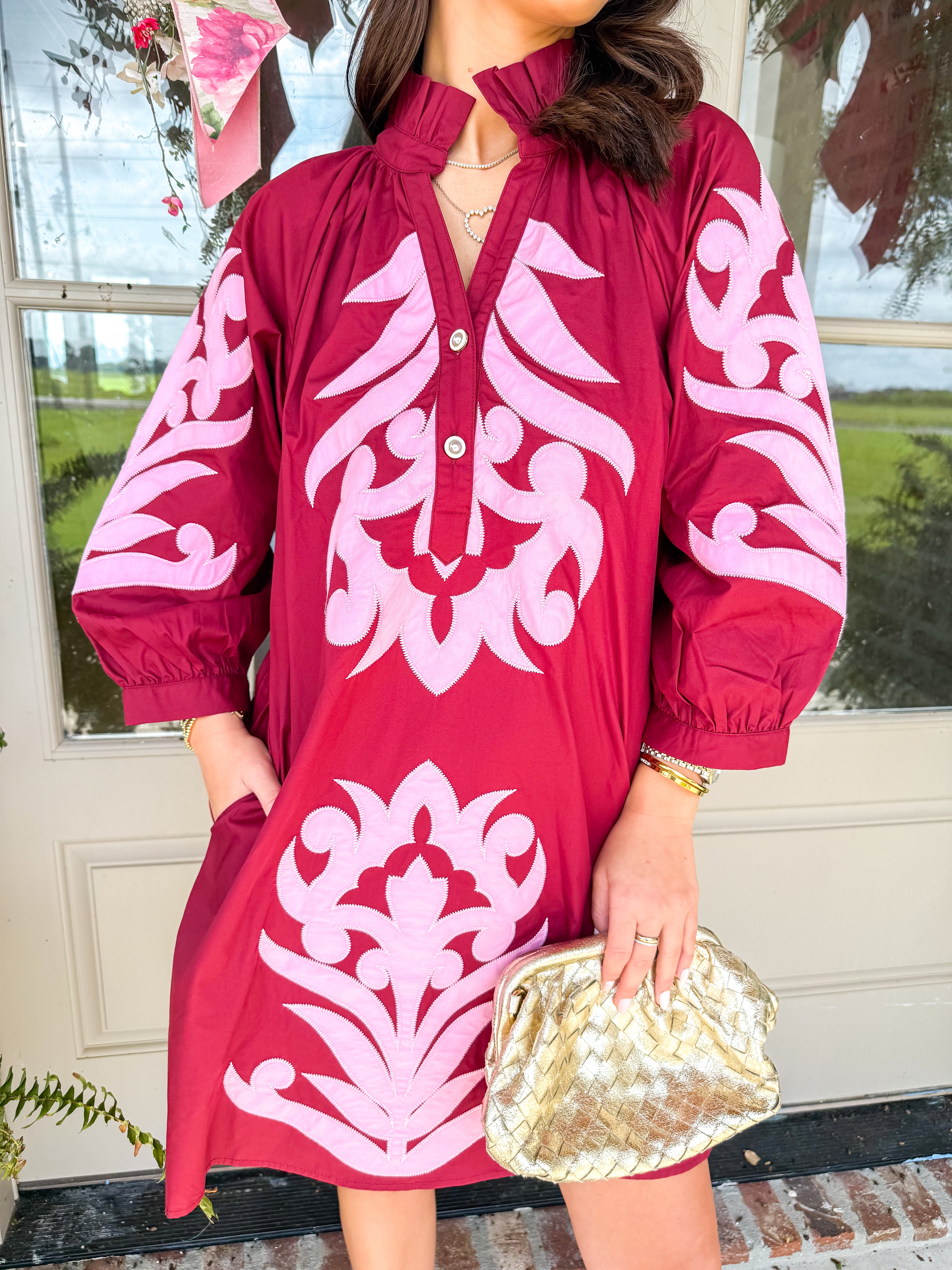 Baroque Bloom Appliqué Shift Dress Burgundy