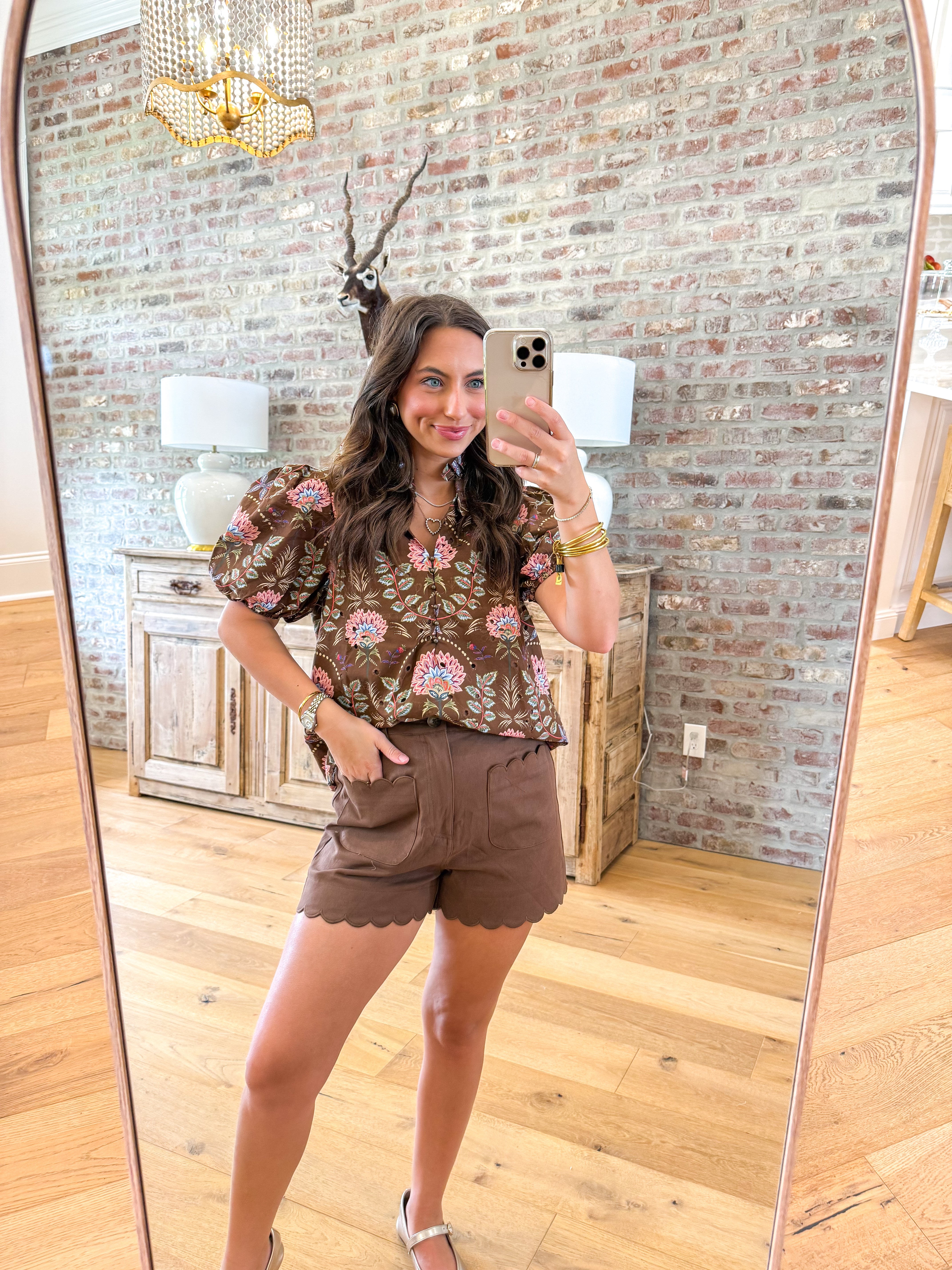 Chocolate Floral Eyelet Puff Sleeve Top