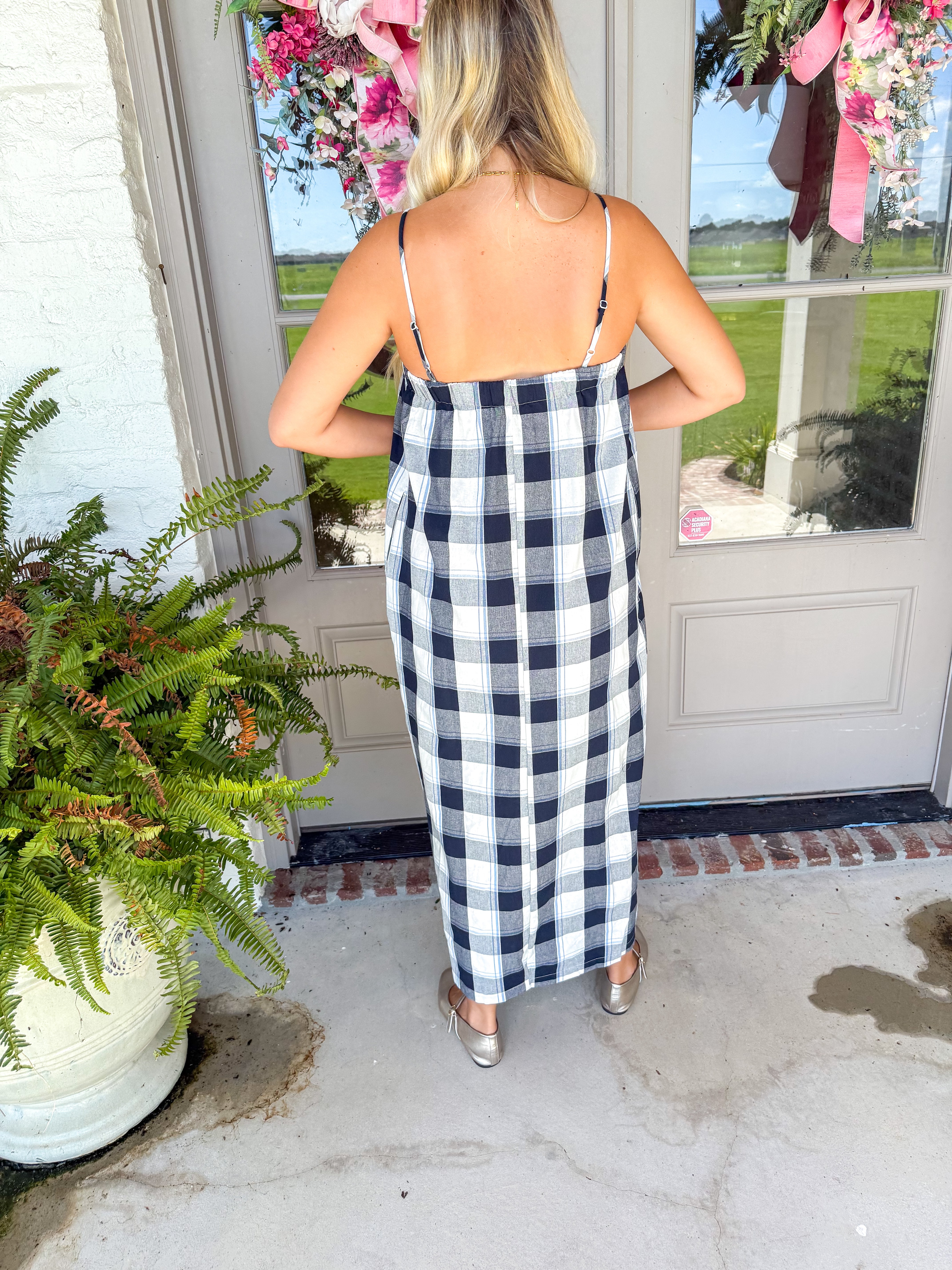 Navy Gingham Tie-Front Maxi Dress