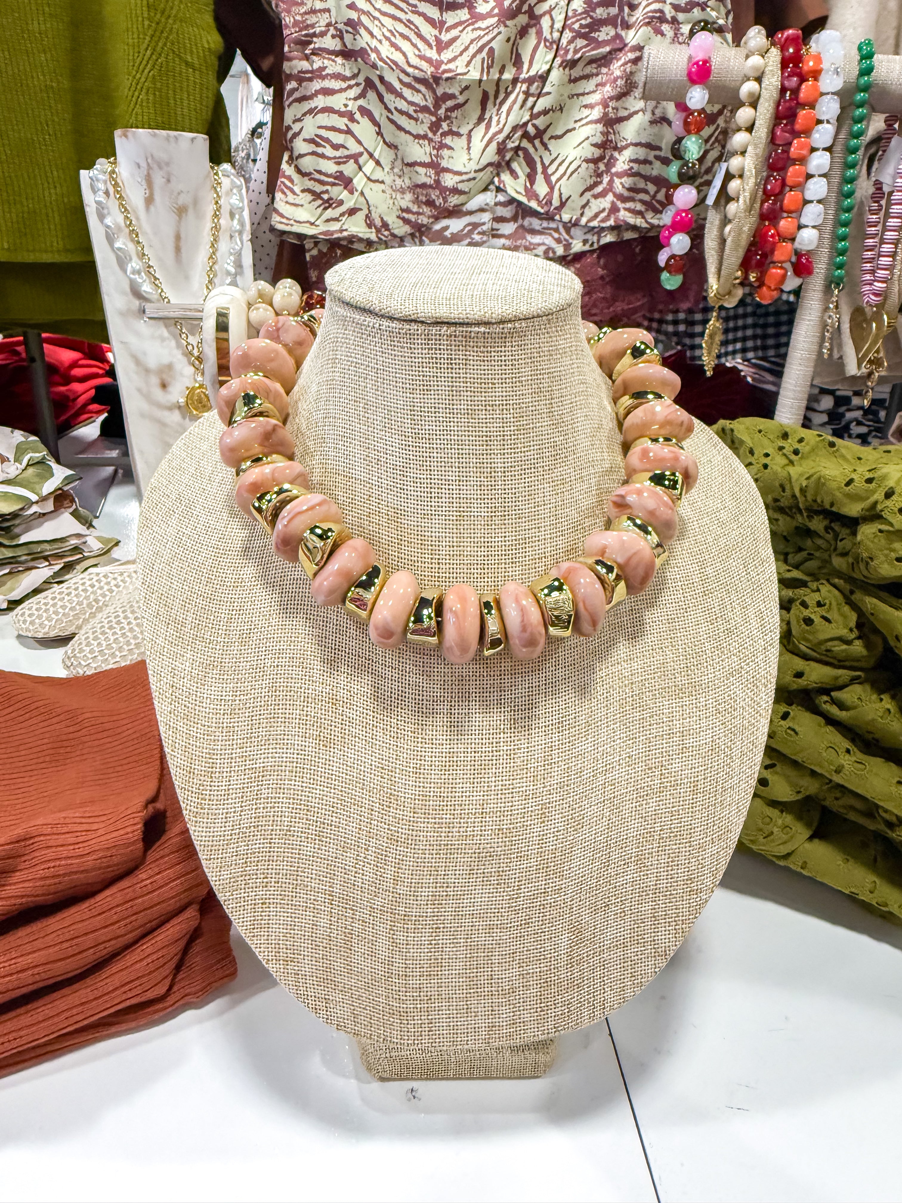 Chunky Rose Bead & Gold Necklace