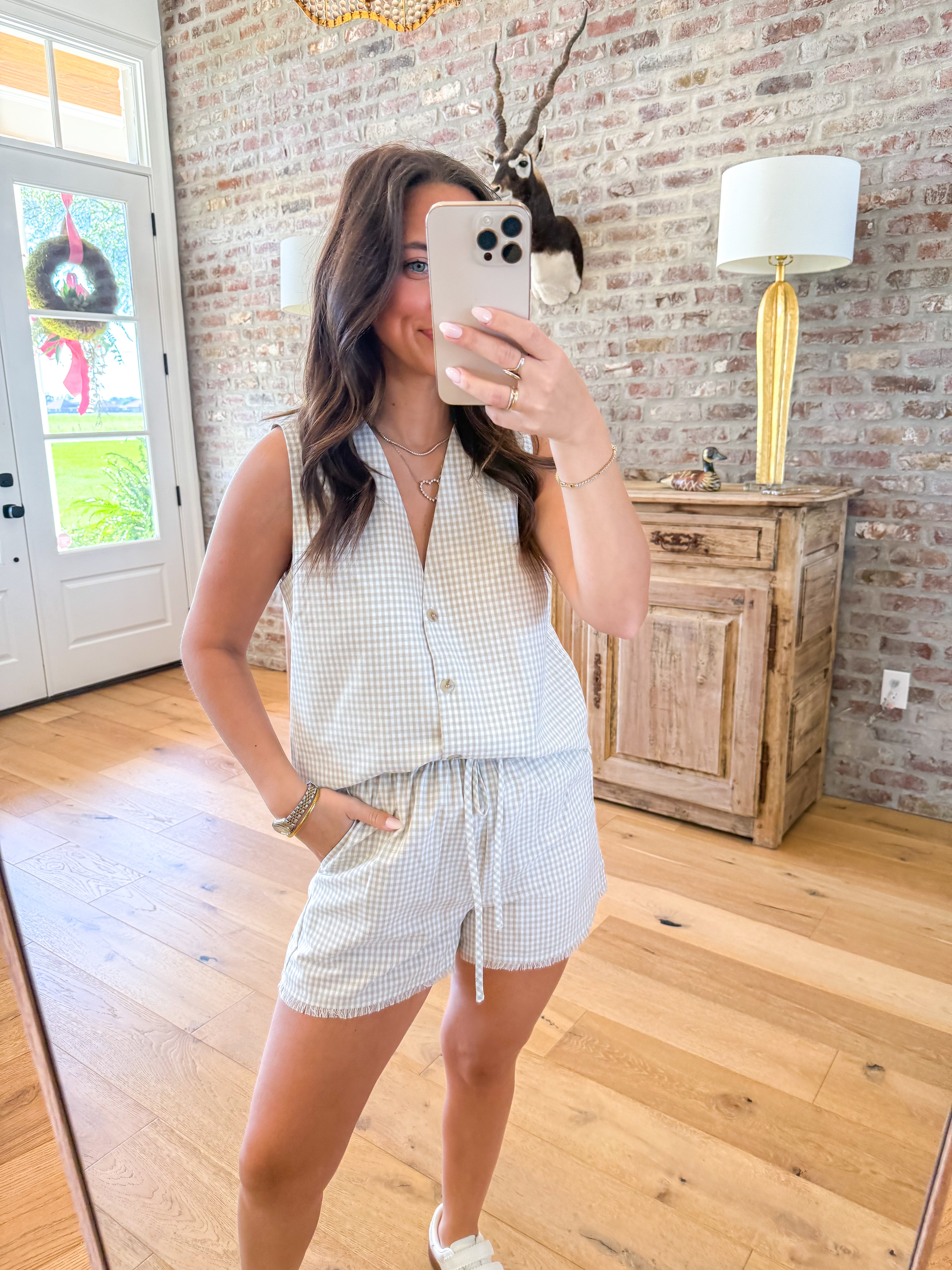 Elsie Khaki Gingham Short Set